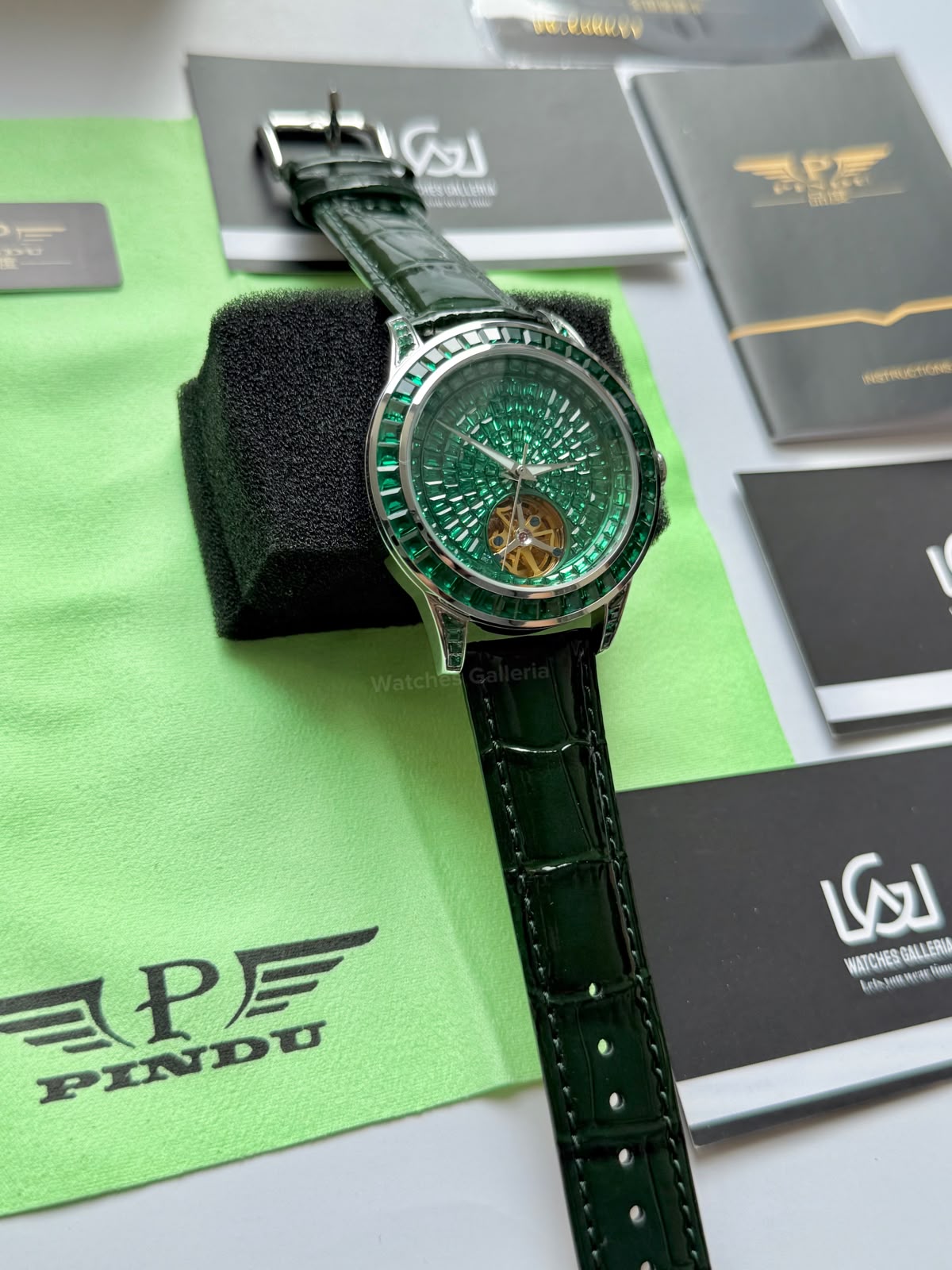 Pindu 5037 Green Diamonds Hand Encrusted Diamond Automatic Tourbillon Watch for Men | Luxury Mechanical Watch | 43mm Stainless Steel Case