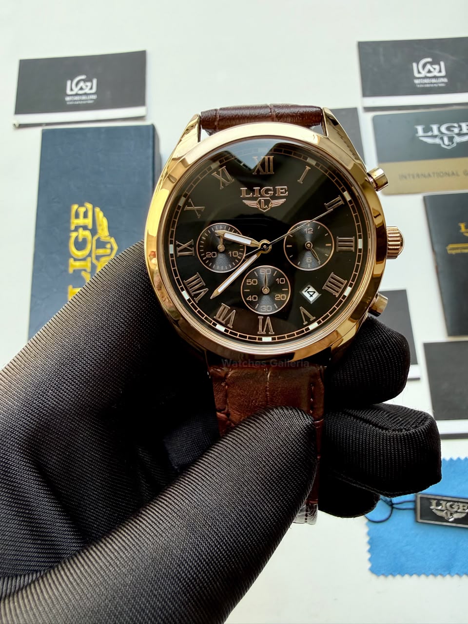 Lige 9852 Chronograph Watch for Men Brown Rose Gold Leather Strap Original Lige Watch in Pakistan