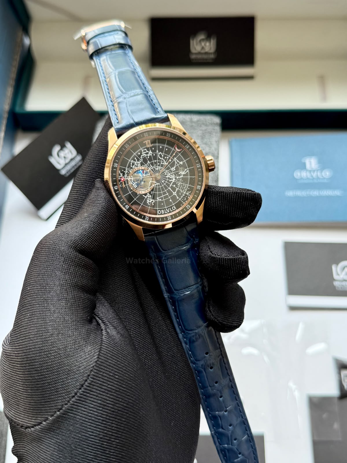 OBLVLO GC (Blue Rose Gold Black) Grand Complications Celestial Automatic Watch Brown & Black Dial with Rose Gold Details, Moving Constellation & Earth Display – OBLVLOGC | Oblvlo