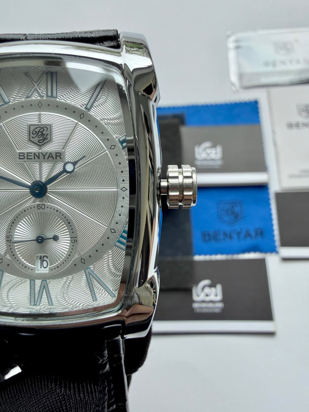 Benyar BY5114 Square Tank Watch Silver Black Roman Numeral Dial Master Lock Quartz Date Calendar Leather Strap
