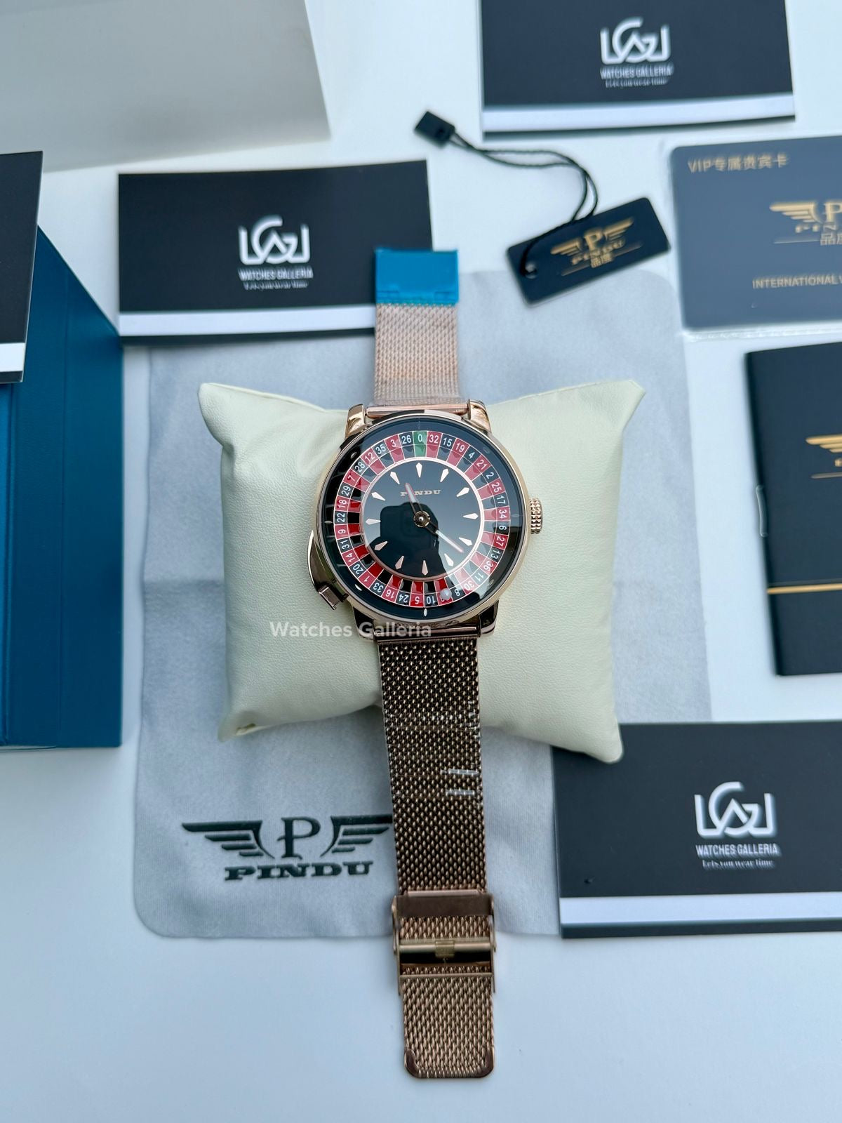 Pindu Design Casino Tourbillon Roulette Button Automatic (Gold Mesh Bracelet) P6628 Watches Galleria