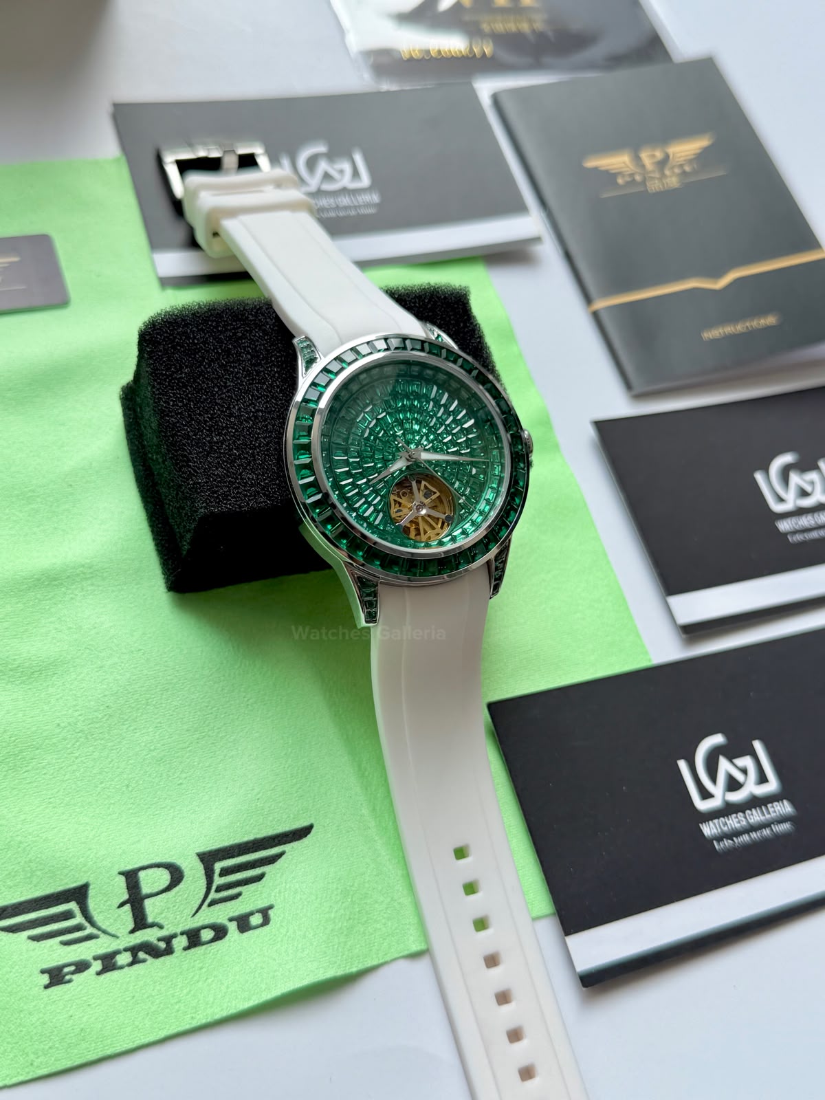 Pindu 5037 White/Green Diamonds Hand Encrusted Diamond Automatic Tourbillon Watch for Men | Luxury Mechanical Watch | 43mm Stainless Steel Case