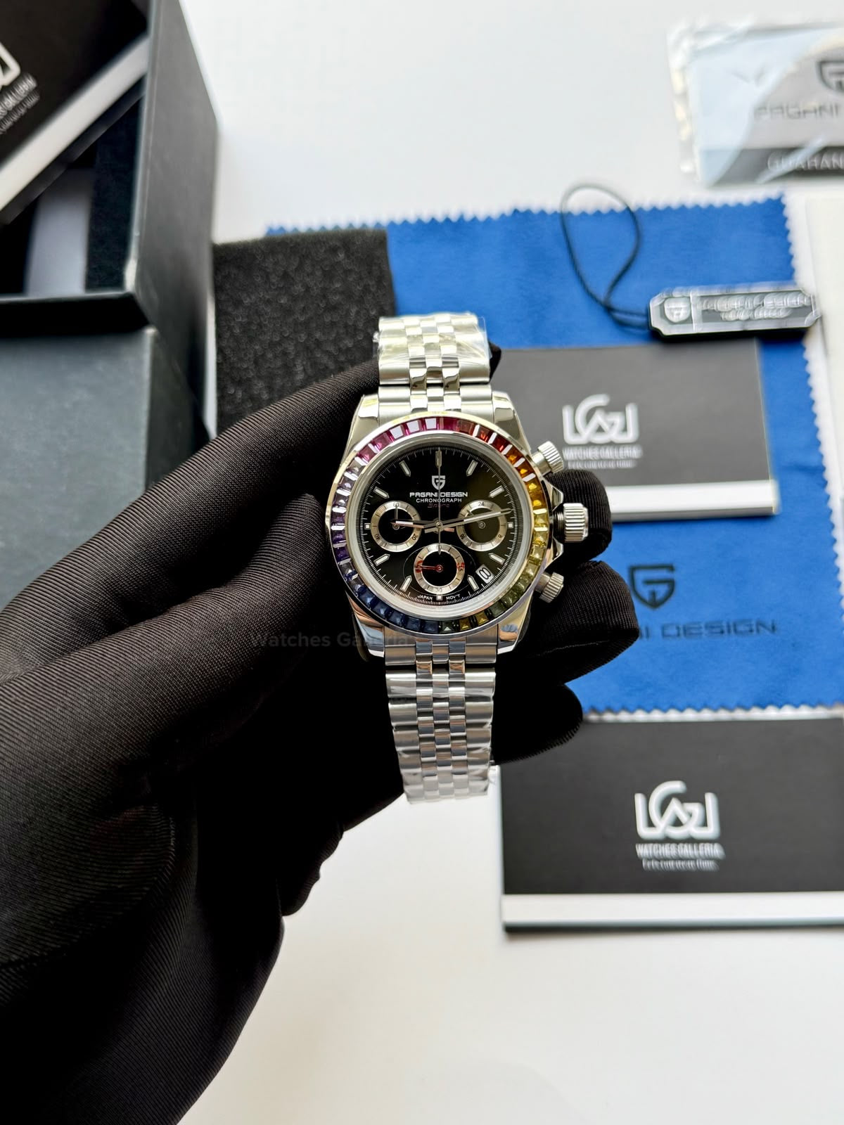 Pagani Design PD1644 Daytona Rainbow Jubilee Limited Edition Chronograph Watch PD1644LE | 40mm Sapphire Crystal, Seiko VK63 Quartz, Complete Calendar & Rainbow Stones Bezel