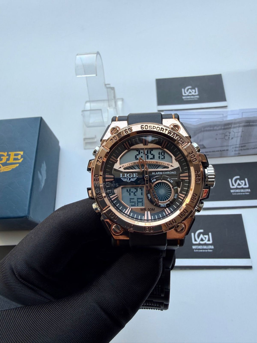 Lige 8922 Sports Watch Rose Gold Black 45mm Dual Display Analog Digital LED Alarm Waterproof 50M Silicone Strap Men’s Watch