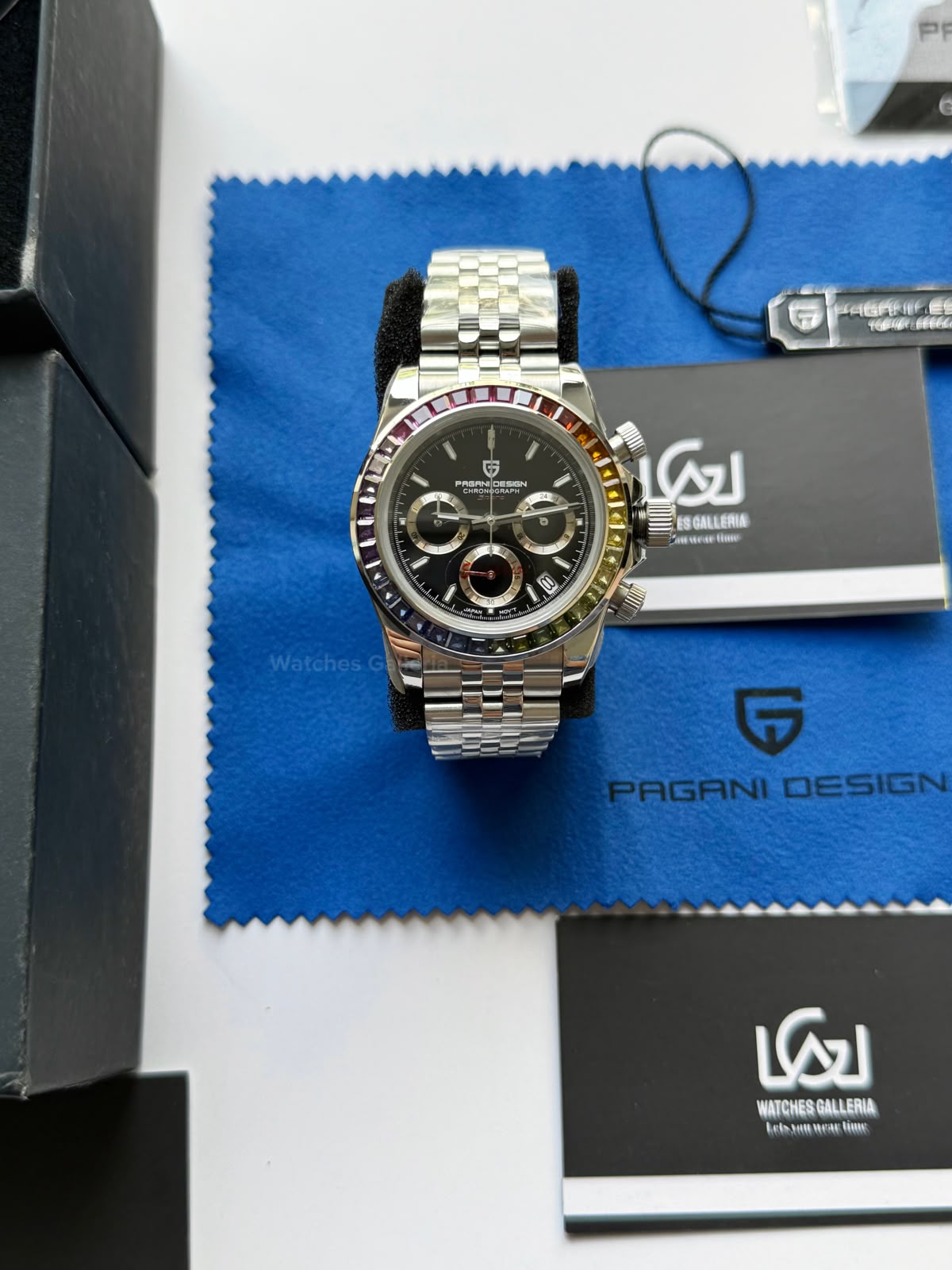 Pagani Design PD1644 Daytona Rainbow Jubilee Limited Edition Chronograph Watch PD1644LE | 40mm Sapphire Crystal, Seiko VK63 Quartz, Complete Calendar & Rainbow Stones Bezel