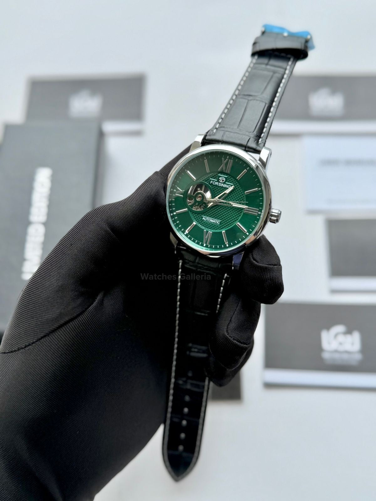 Forsining FS112 Classic Skeleton Automatic Watch – Green Dial | Leather Strap Mechanical Wristwatch for Men