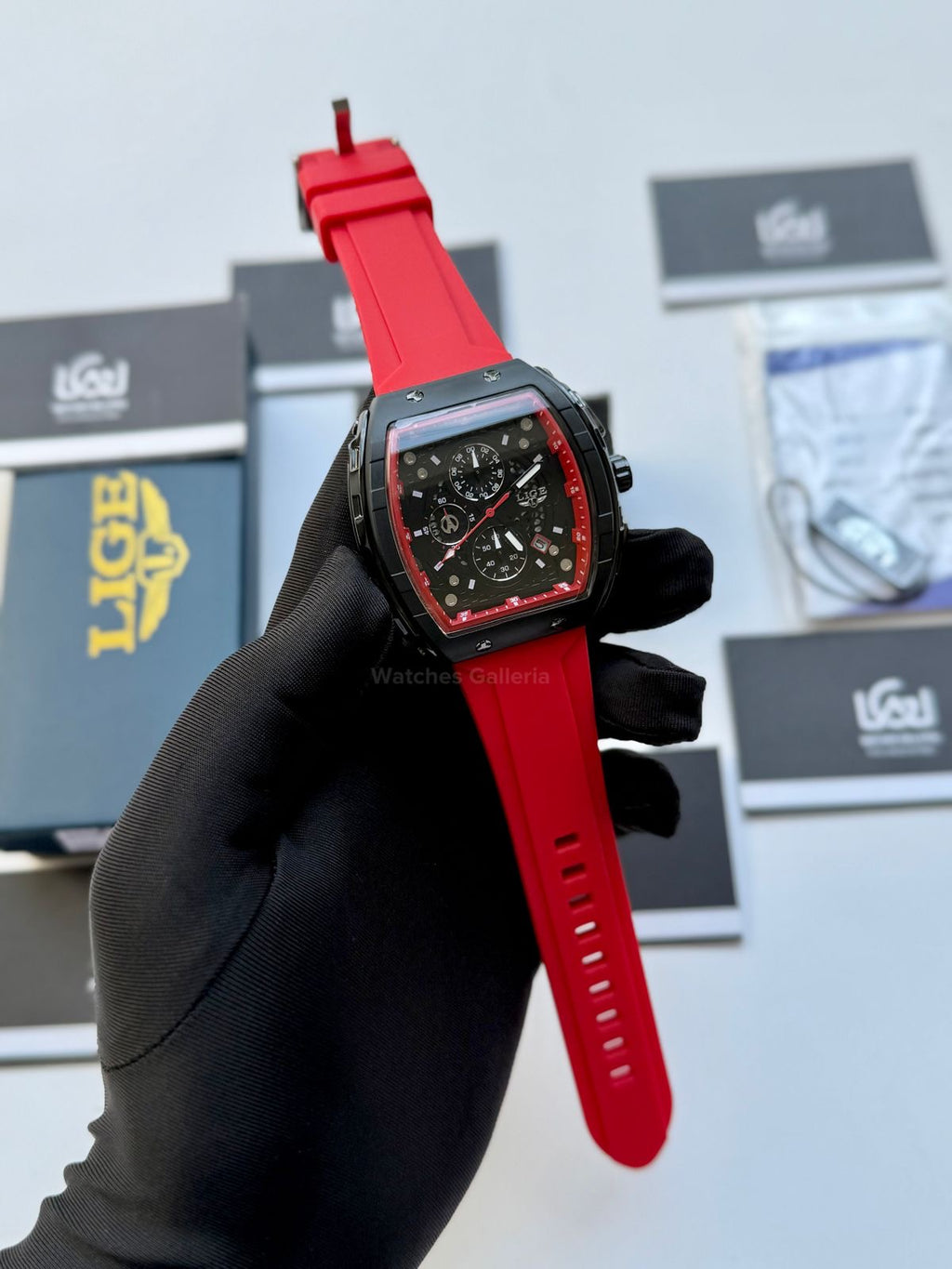 LIGE LG89148 Red Tonneau Chronograph Watch in Pakistan – Luxury Men’s Quartz Watch with Silicon Strap