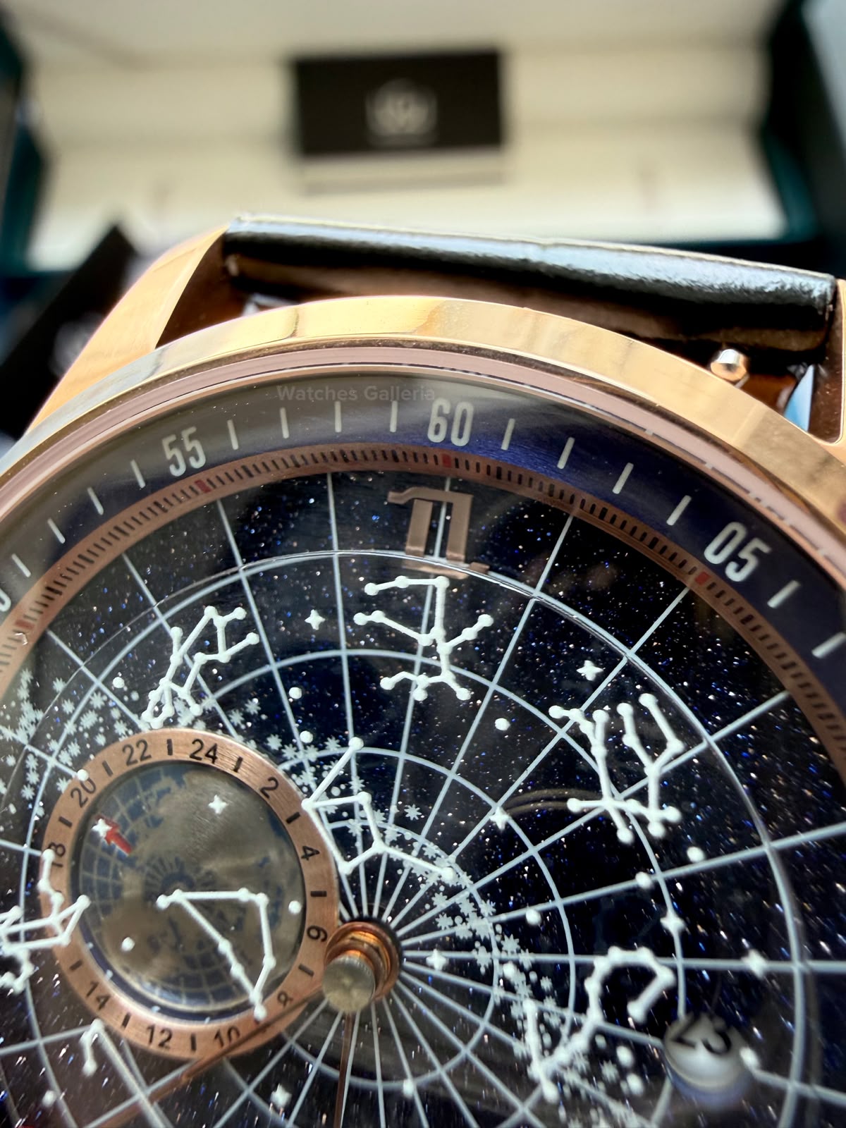 OBLVLO GC (Black Rose Gold Blue) Grand Complications Celestial Automatic Watch Brown & Black Dial with Rose Gold Details, Moving Constellation & Earth Display – OBLVLOGC