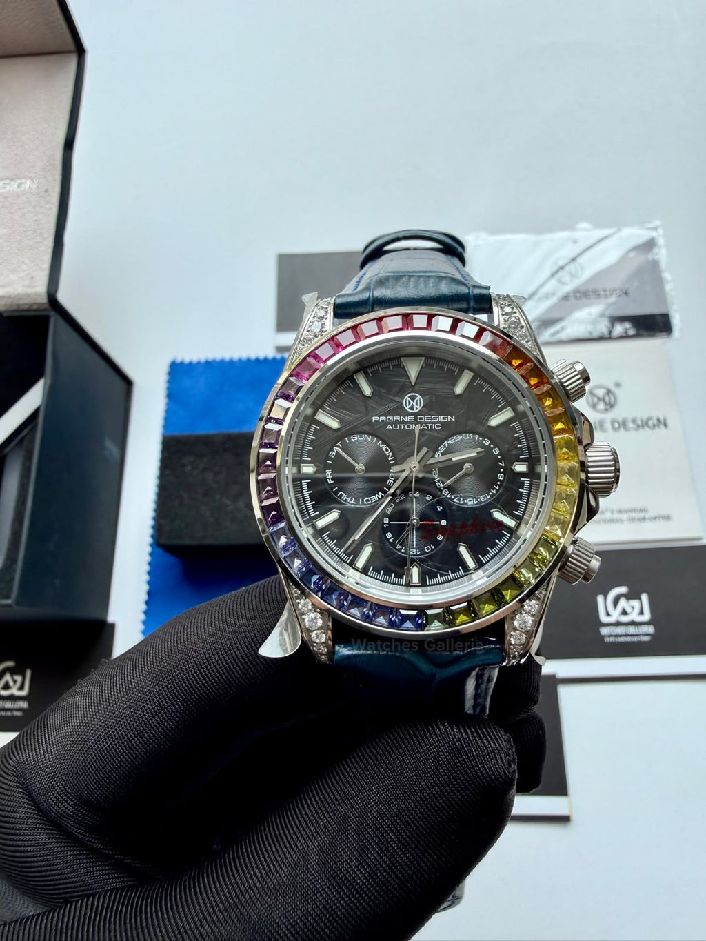 Pagani Design PG1666 Daytona Rainbow Limited Edition Black Automatic Chronograph Watch | 40mm Sapphire Crystal | HZ2196G Movement | 100M Water Resistant