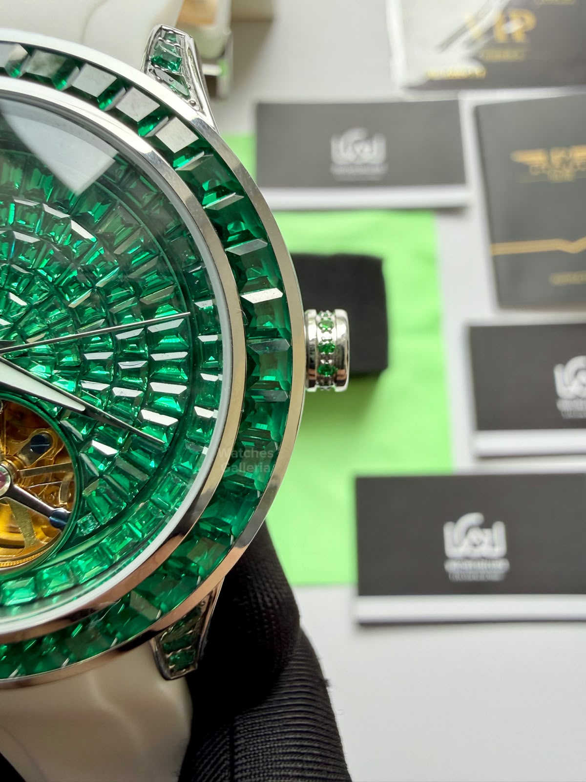 Pindu 5037 White/Green Diamonds Hand Encrusted Diamond Automatic Tourbillon Watch for Men | Luxury Mechanical Watch | 43mm Stainless Steel Case