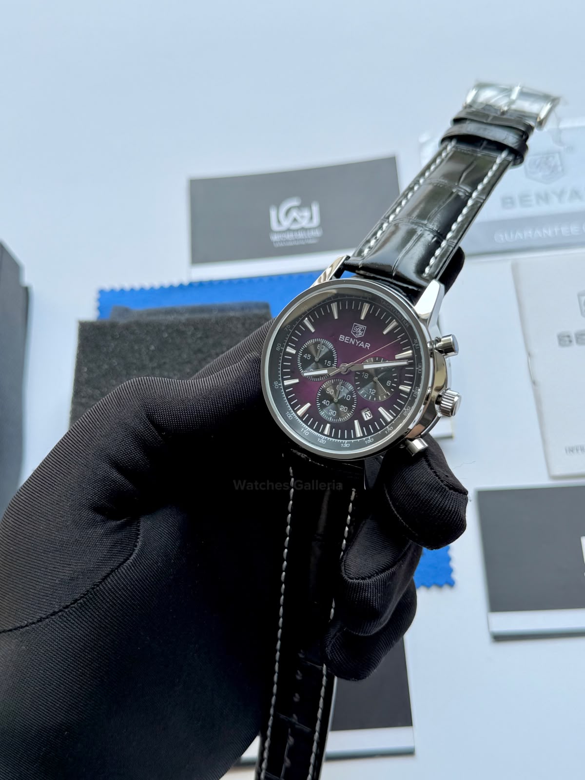 Benyar BY5213 Black Purple Men’s Luxury Quartz Leather Strap Watch – Waterproof Stainless Steel Analog Wrist Watch with Luminous Hands | Original Benyar Pakistan | Watches Galleria