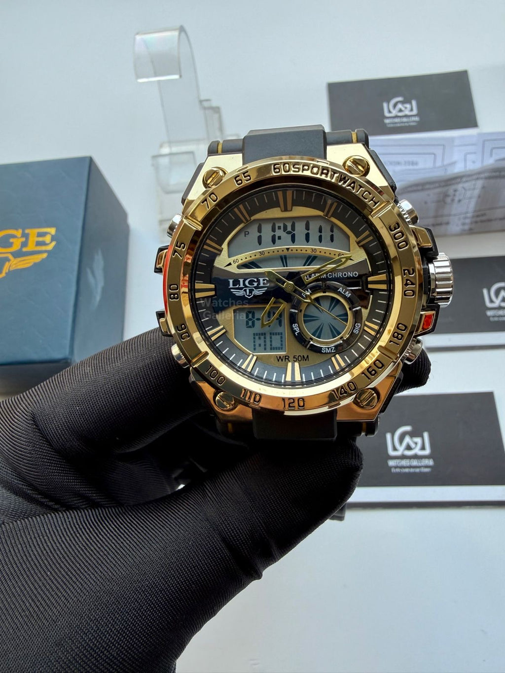 Lige 8922 Sports Watch Gold Black 45mm Dual Display Analog Digital LED Alarm Waterproof 50M Silicone Strap Men’s Watch