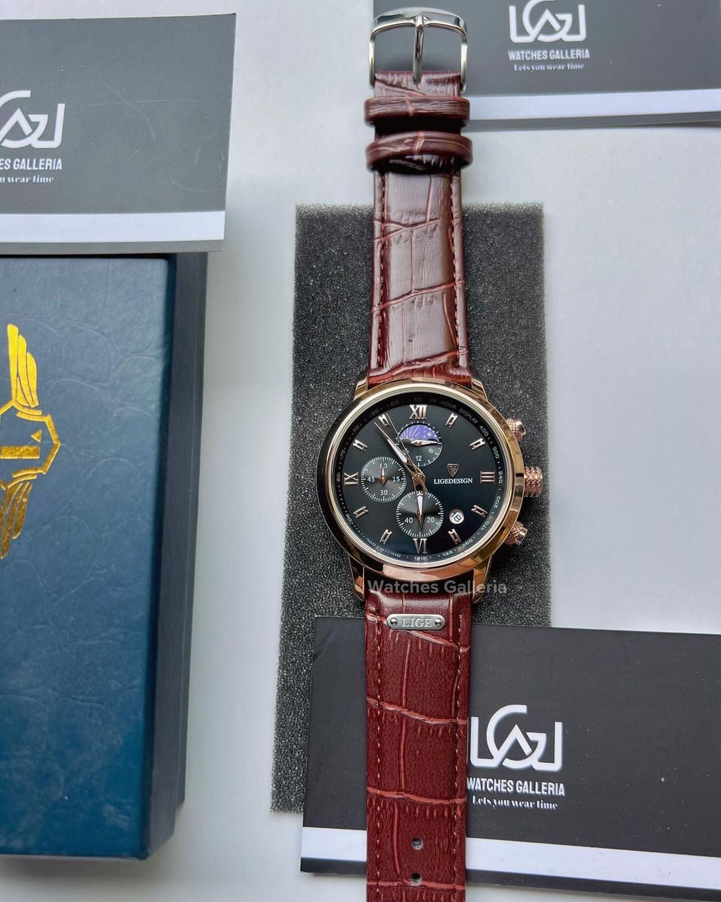 Lige Moonphase Watch (Rose Gold Black) LG8953 Watches Galleria