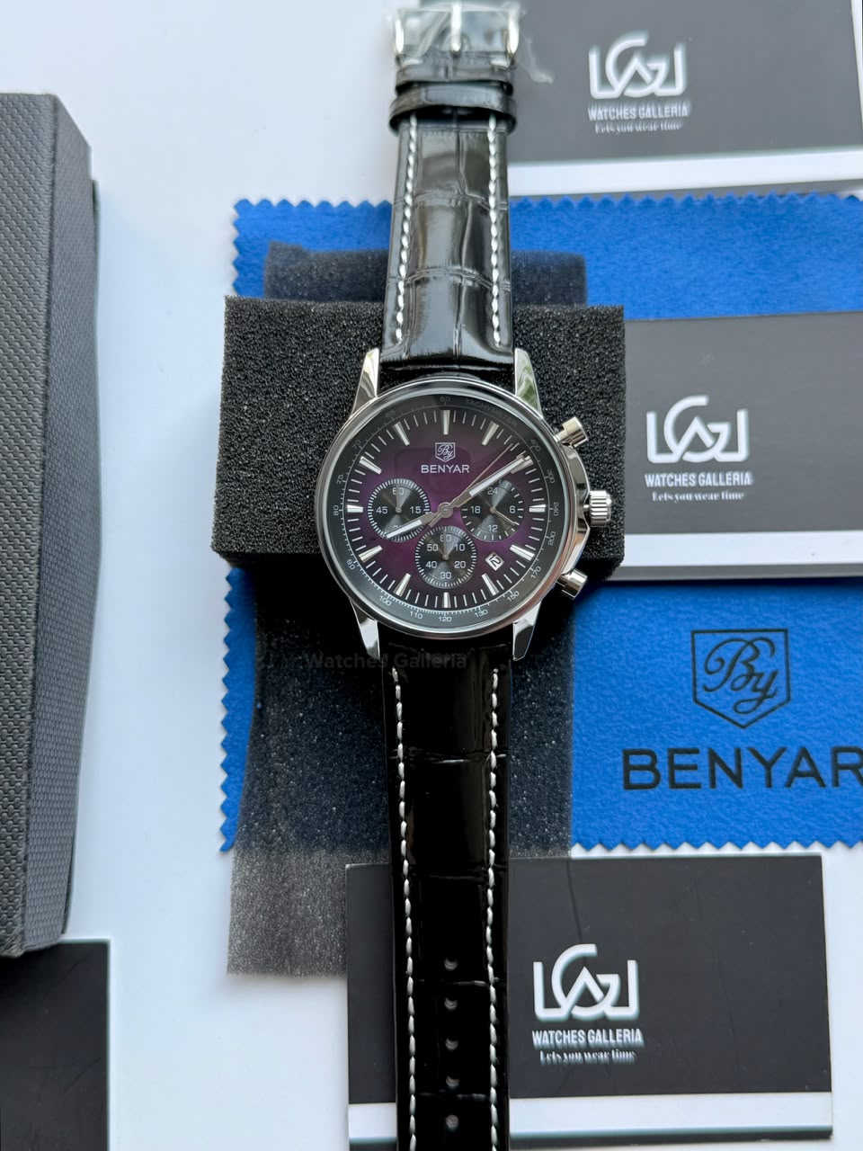 Benyar BY5213 Black Purple Men’s Luxury Quartz Leather Strap Watch – Waterproof Stainless Steel Analog Wrist Watch with Luminous Hands | Original Benyar Pakistan | Watches Galleria