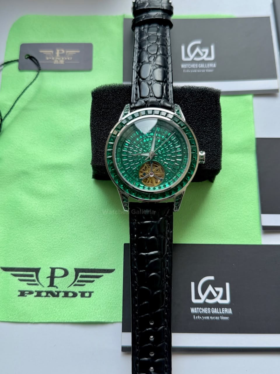 Pindu 5037 Green/Black LeatherDiamonds Hand Encrusted Diamond Automatic Tourbillon Watch for Men | Luxury Mechanical Watch | 43mm Stainless Steel Case