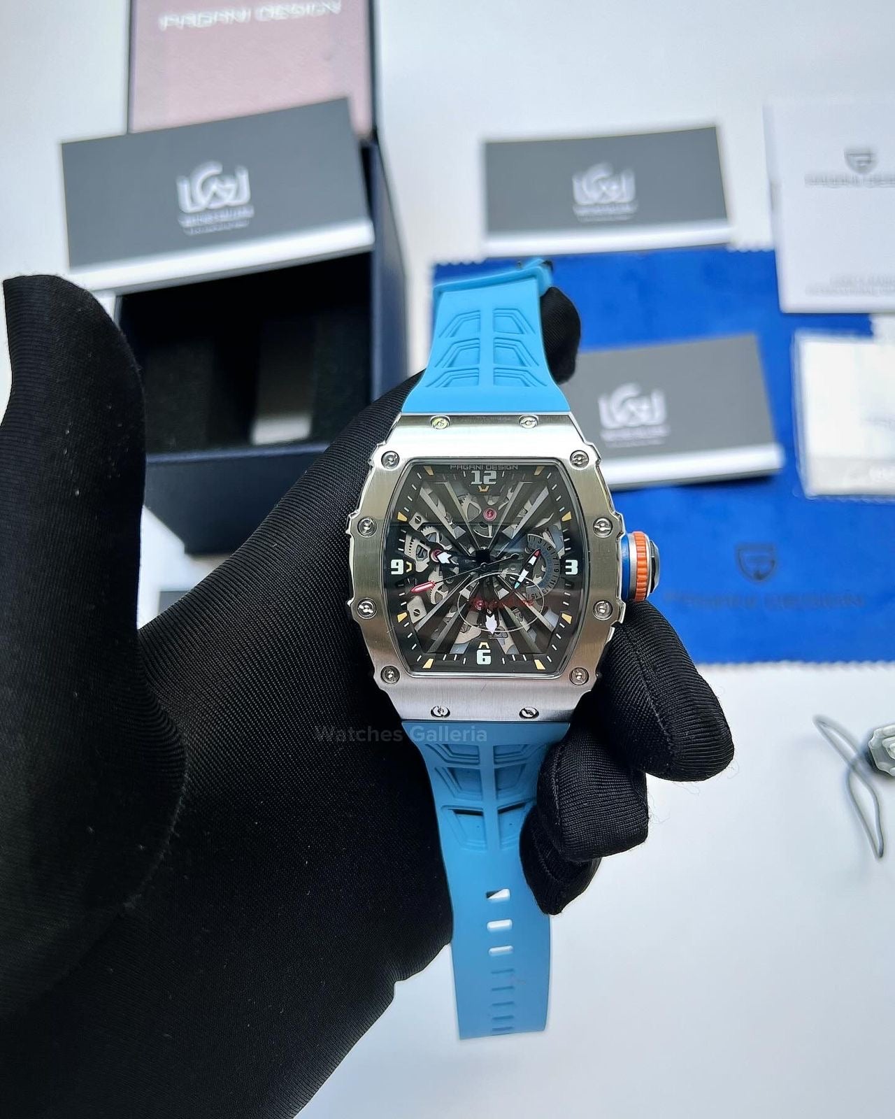 Pagani Design Tonneau Skeleton Watch Quartz (Blue Silver) PD1738 Watches Galleria