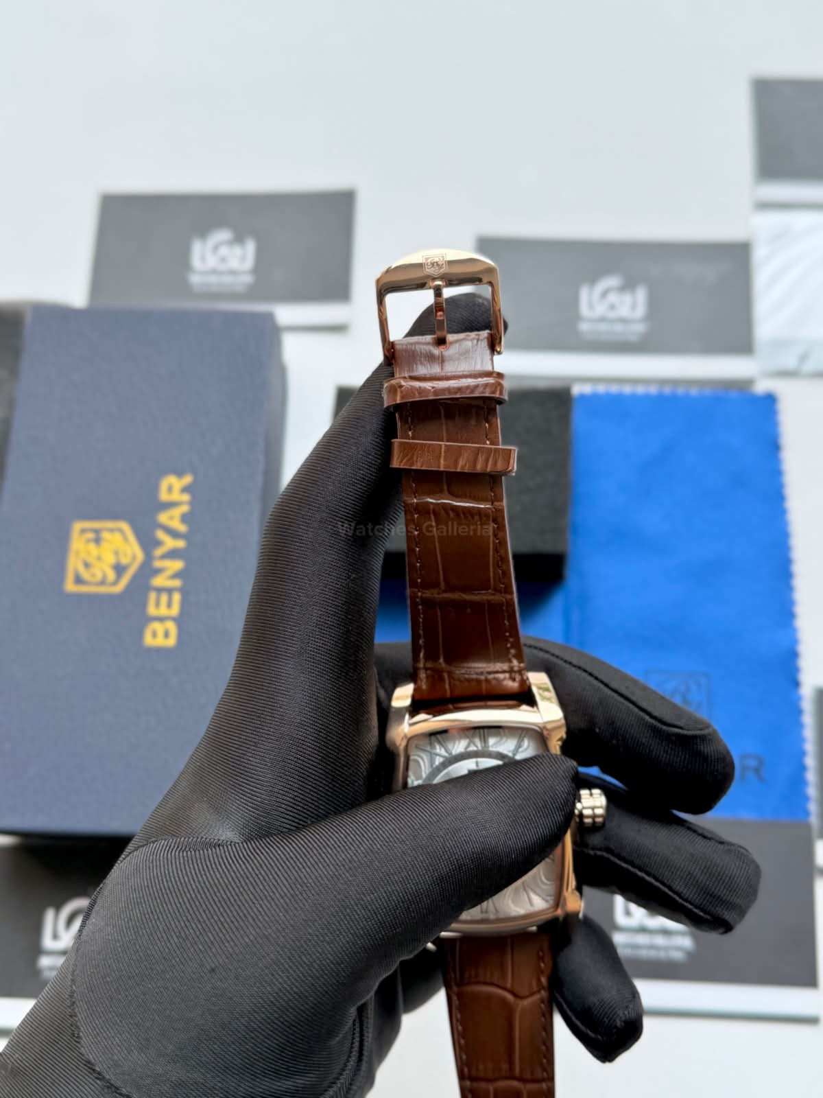 Benyar BY5114 Square Tank Watch in Pakistan – Brown Rose Gold White Elegant Quartz Leather Strap Men’s Dress Watch