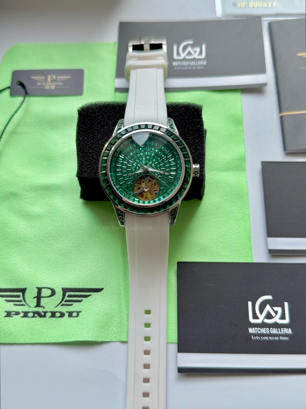 Pindu 5037 White/Green Diamonds Hand Encrusted Diamond Automatic Tourbillon Watch for Men | Luxury Mechanical Watch | 43mm Stainless Steel Case