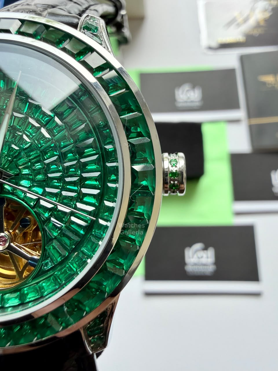 Pindu 5037 Green/Black LeatherDiamonds Hand Encrusted Diamond Automatic Tourbillon Watch for Men | Luxury Mechanical Watch | 43mm Stainless Steel Case