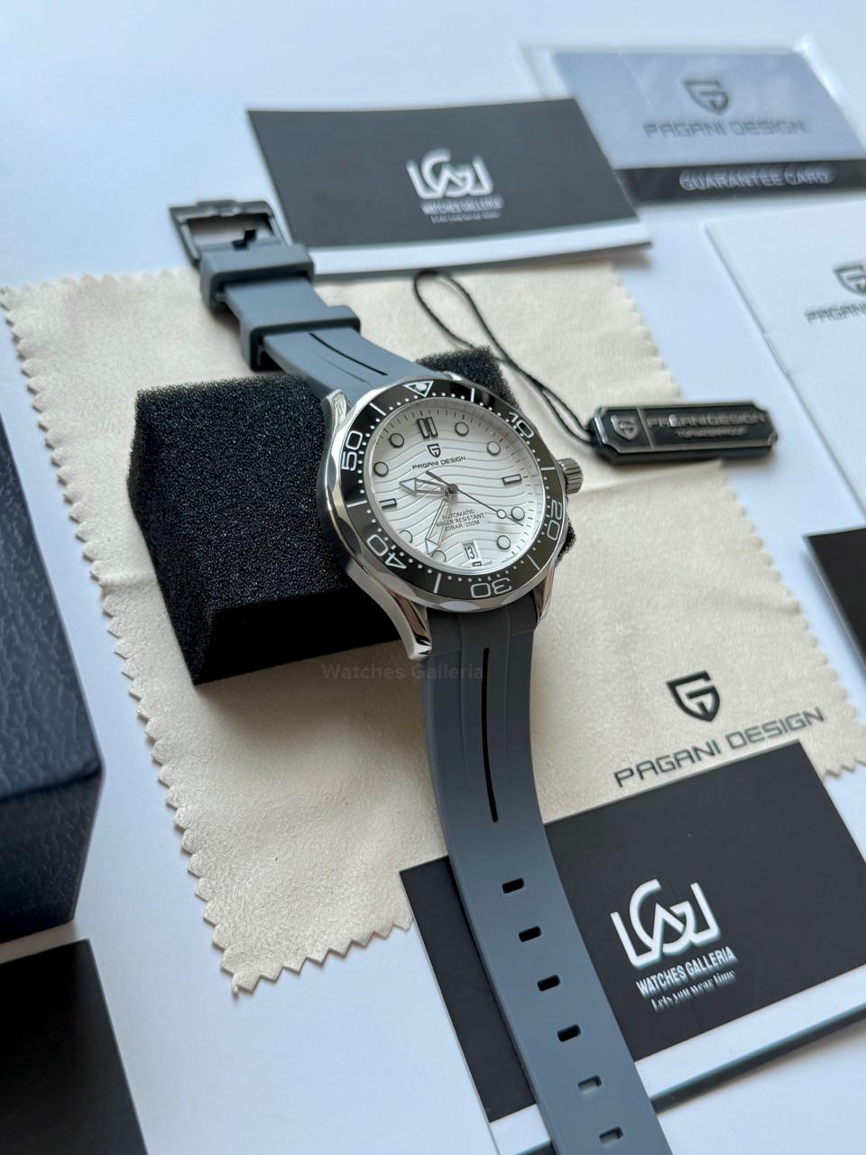 Pagani Design PD1685 Grey Silicon Seamaster Diver White Automatic Watch – 200M Sapphire Crystal NH35A/Miyota Luxury Dive Watch in Pakistan | Watches Galleria