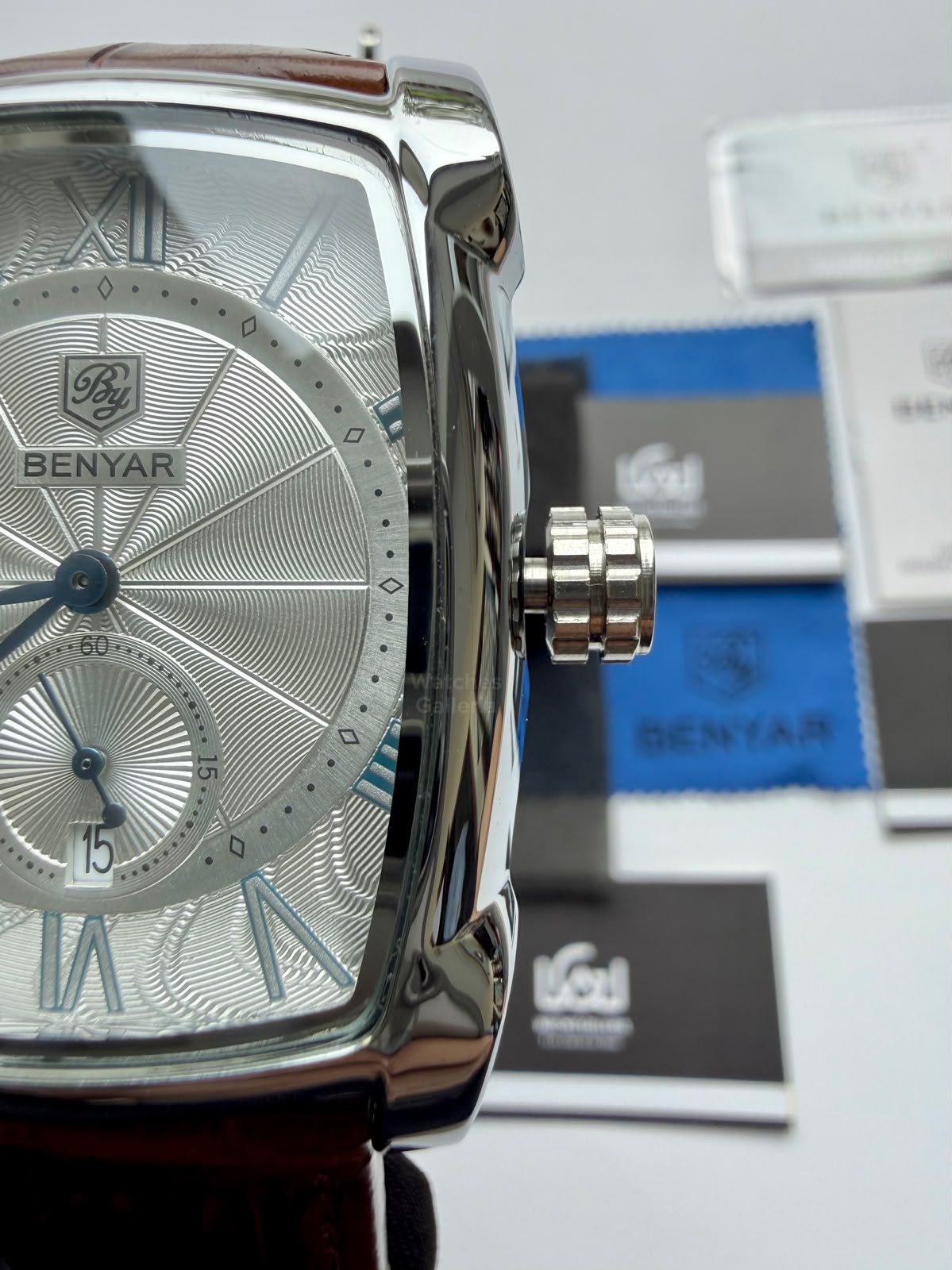 Benyar BY5114 Square Tank Watch in Pakistan – Brown Silver White Elegant Quartz Leather Strap Men’s Dress Watch