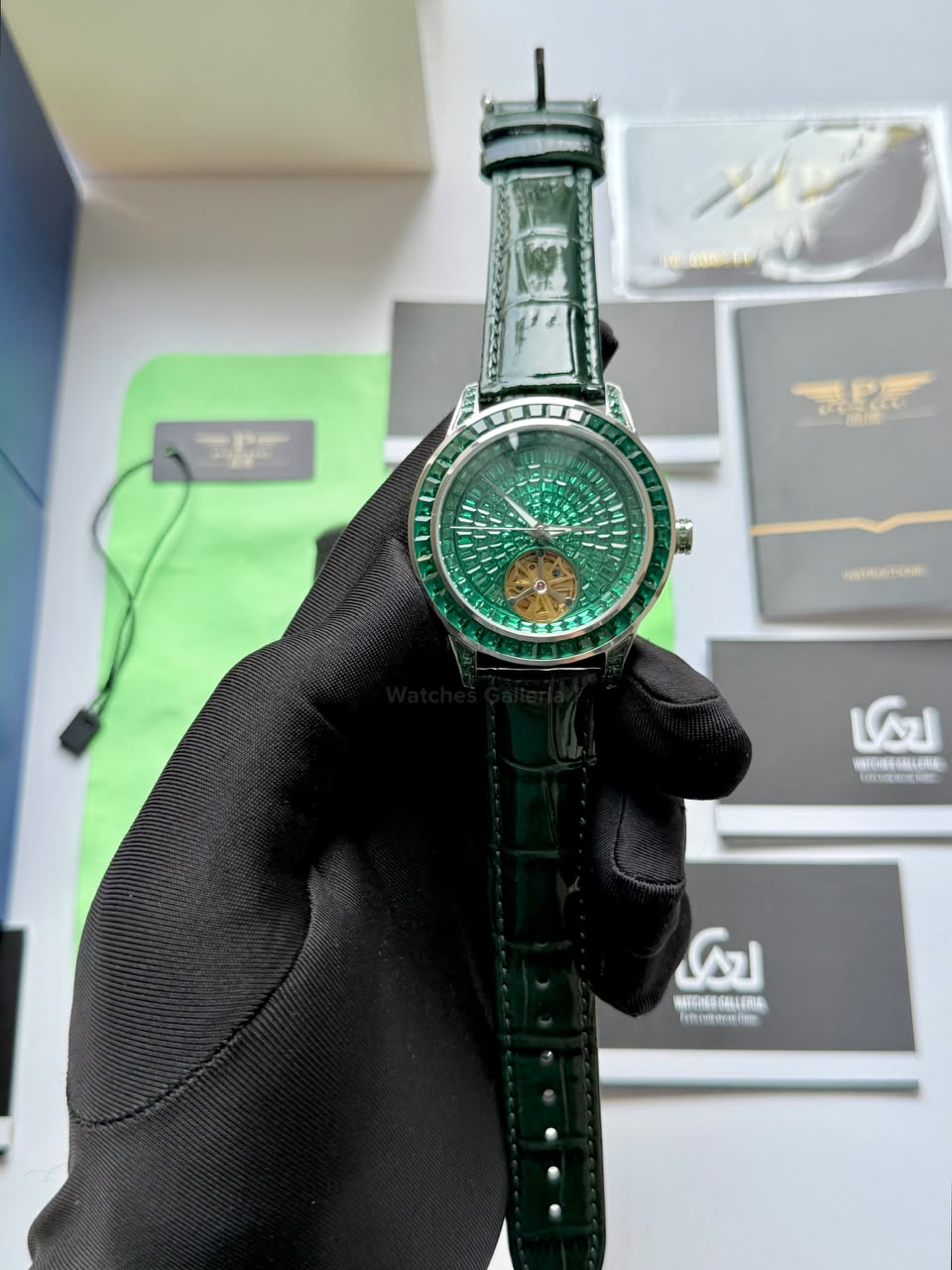 Pindu 5037 Green Diamonds Hand Encrusted Diamond Automatic Tourbillon Watch for Men | Luxury Mechanical Watch | 43mm Stainless Steel Case