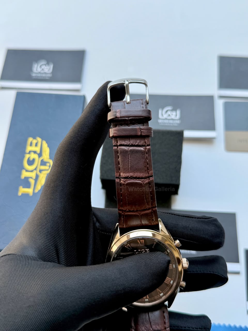 Lige 9852 Chronograph Watch for Men Brown Rose Gold Leather Strap Original Lige Watch in Pakistan