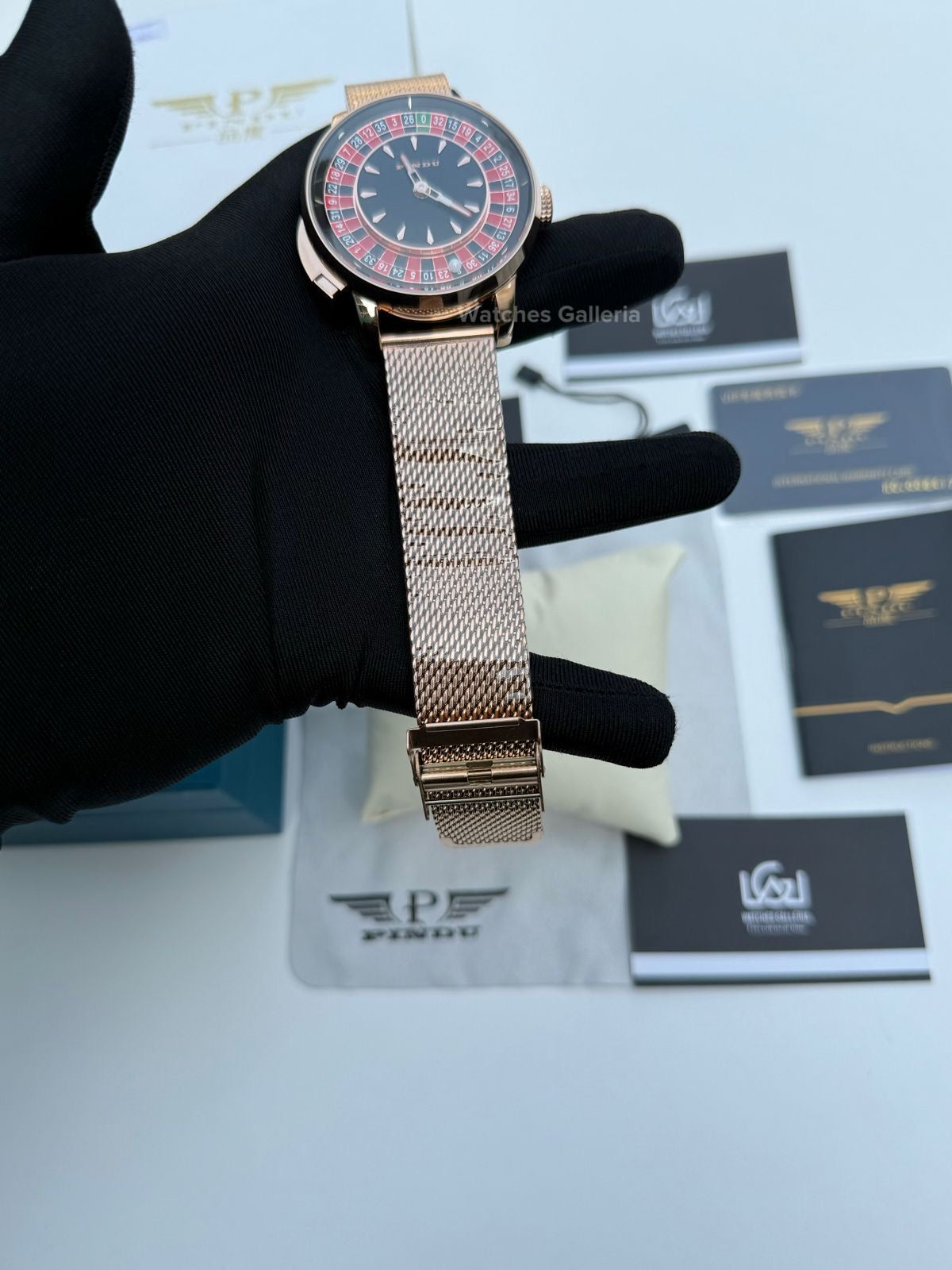 Pindu Design Casino Tourbillon Roulette Button Automatic (Gold Mesh Bracelet) P6628 Watches Galleria