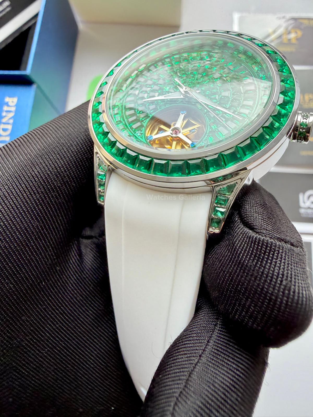 Pindu 5037 White/Green Diamonds Hand Encrusted Diamond Automatic Tourbillon Watch for Men | Luxury Mechanical Watch | 43mm Stainless Steel Case