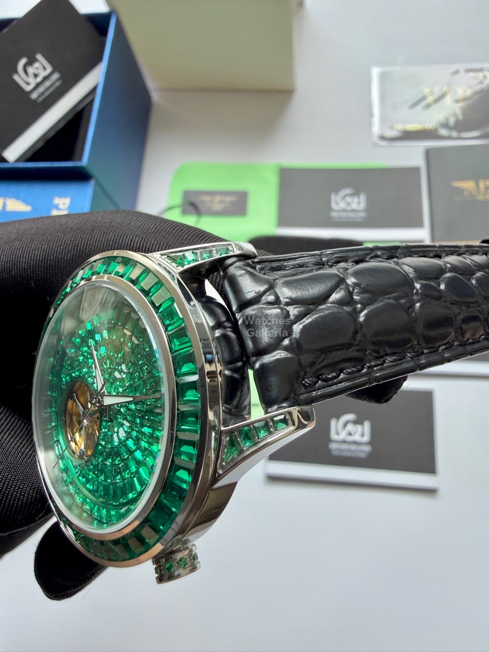 Pindu 5037 Green/Black LeatherDiamonds Hand Encrusted Diamond Automatic Tourbillon Watch for Men | Luxury Mechanical Watch | 43mm Stainless Steel Case