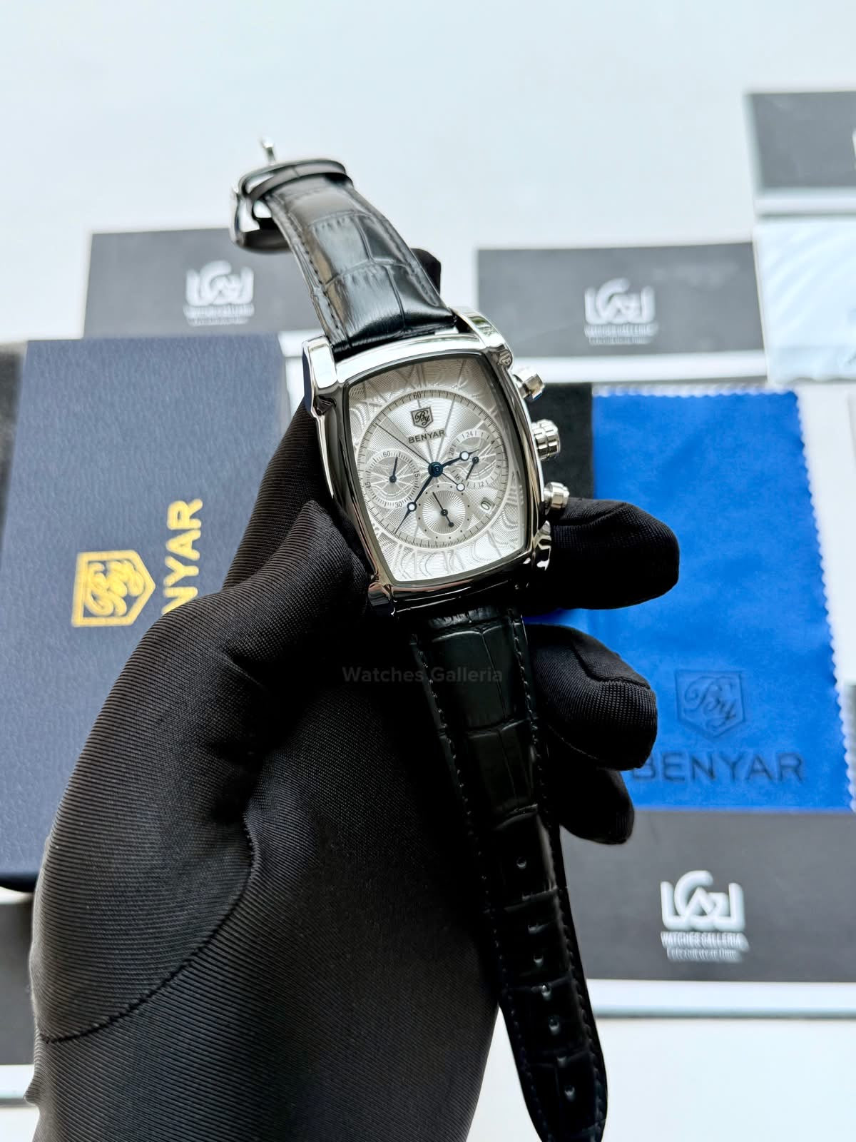 Benyar BY5113LE Square Chronograph Watch in Pakistan – Limited Edition Black White Luxury Men’s Quartz Chronograph Leather Strap Watch