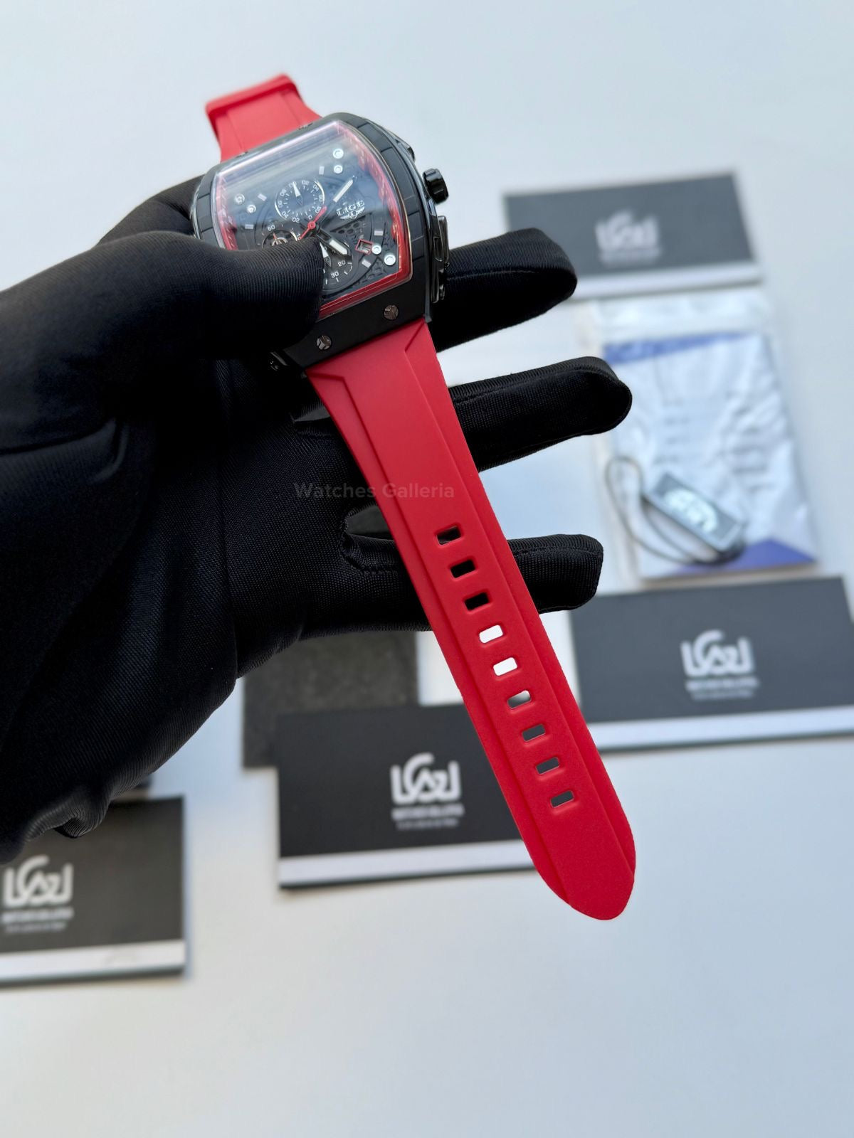 LIGE LG89148 Red Tonneau Chronograph Watch in Pakistan – Luxury Men’s Quartz Watch with Silicon Strap