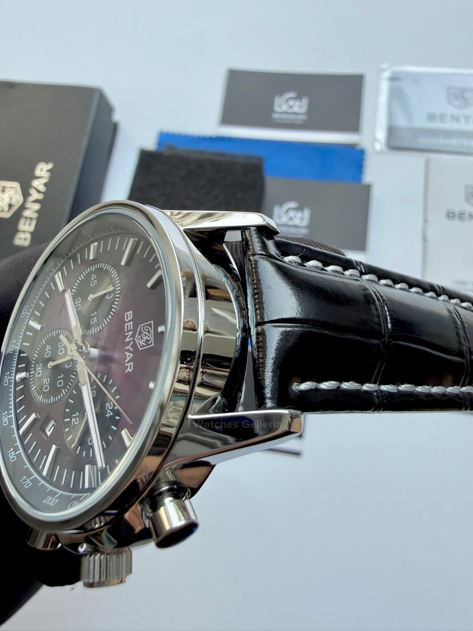 Benyar BY5213 Black Purple Men’s Luxury Quartz Leather Strap Watch – Waterproof Stainless Steel Analog Wrist Watch with Luminous Hands | Original Benyar Pakistan | Watches Galleria
