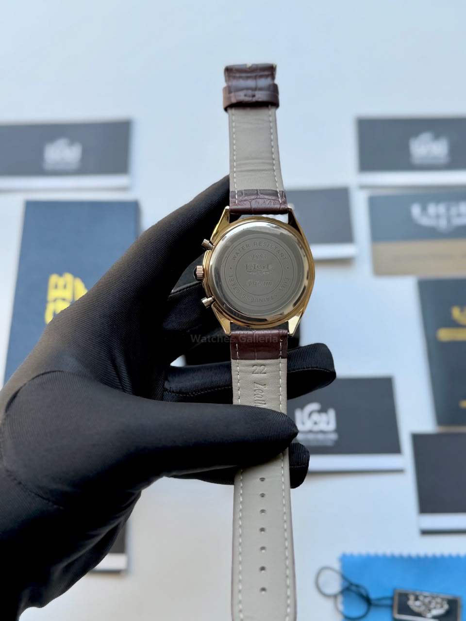 Lige 9852 Chronograph Watch for Men Brown Rose Gold Leather Strap Original Lige Watch in Pakistan