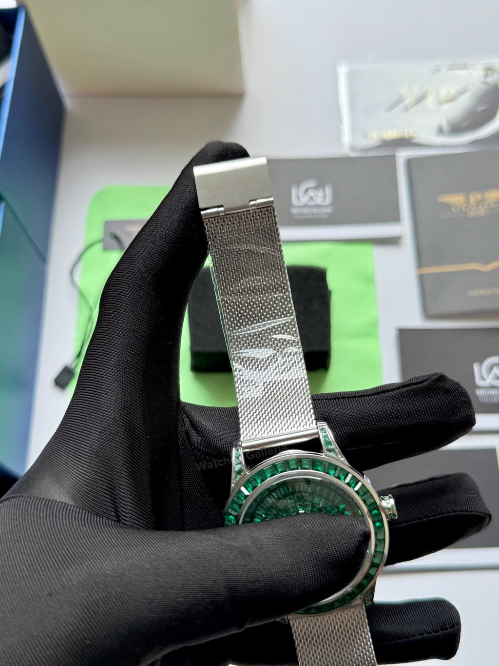 Pindu 5037 Green/Mesh Strap LeatherDiamonds Hand Encrusted Diamond Automatic Tourbillon Watch for Men | Luxury Mechanical Watch | 43mm Stainless Steel Case