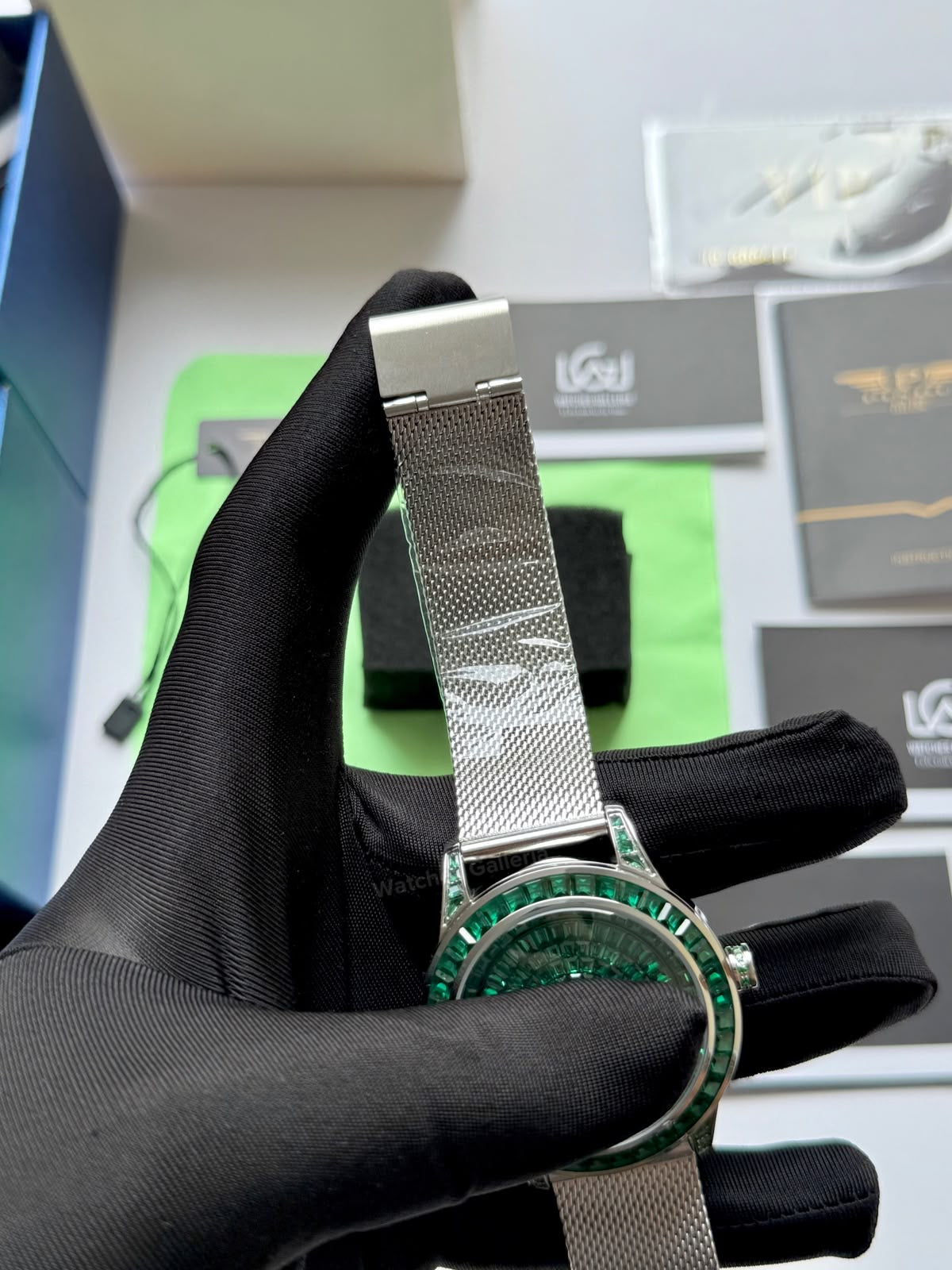 Pindu 5037 Green/Mesh Strap LeatherDiamonds Hand Encrusted Diamond Automatic Tourbillon Watch for Men | Luxury Mechanical Watch | 43mm Stainless Steel Case
