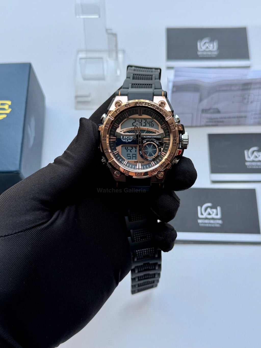 Lige 8922 Sports Watch Rose Gold Black 45mm Dual Display Analog Digital LED Alarm Waterproof 50M Silicone Strap Men’s Watch