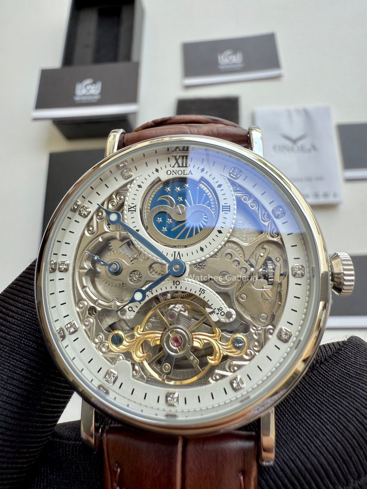 Onola Moonphase Flywheel Skeleton Watch Automatic (Brown-Silver) ON6836 Watches Galleria