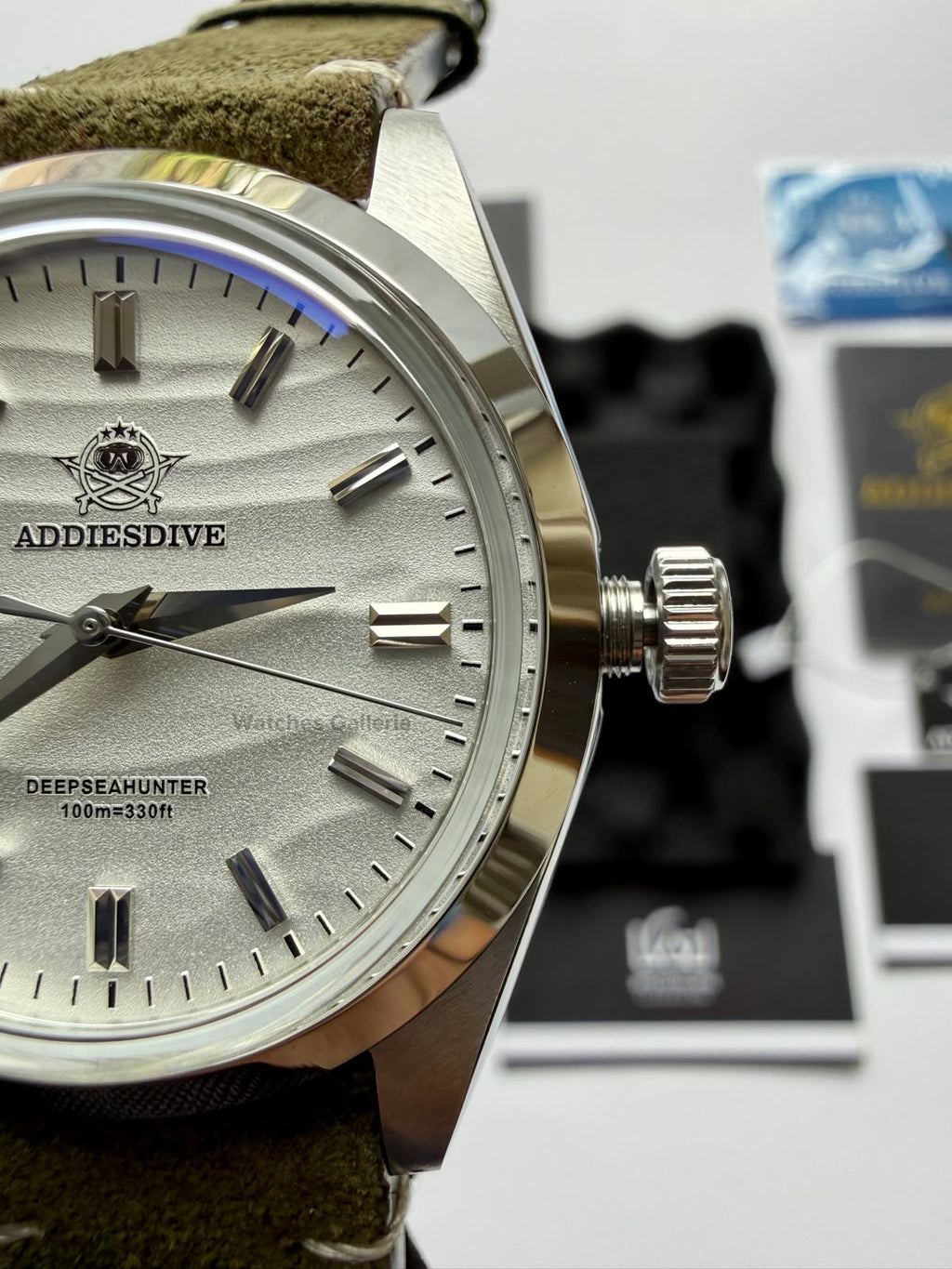 Addiesdive AD2030 Desert White Green Suede Leather Strap Unisex Watch – 36mm Classic Desert Dial, Japan VH31 Quartz Movement, Blue Anti-Glare Mineral Glass & Genuine Suede Leather Strap