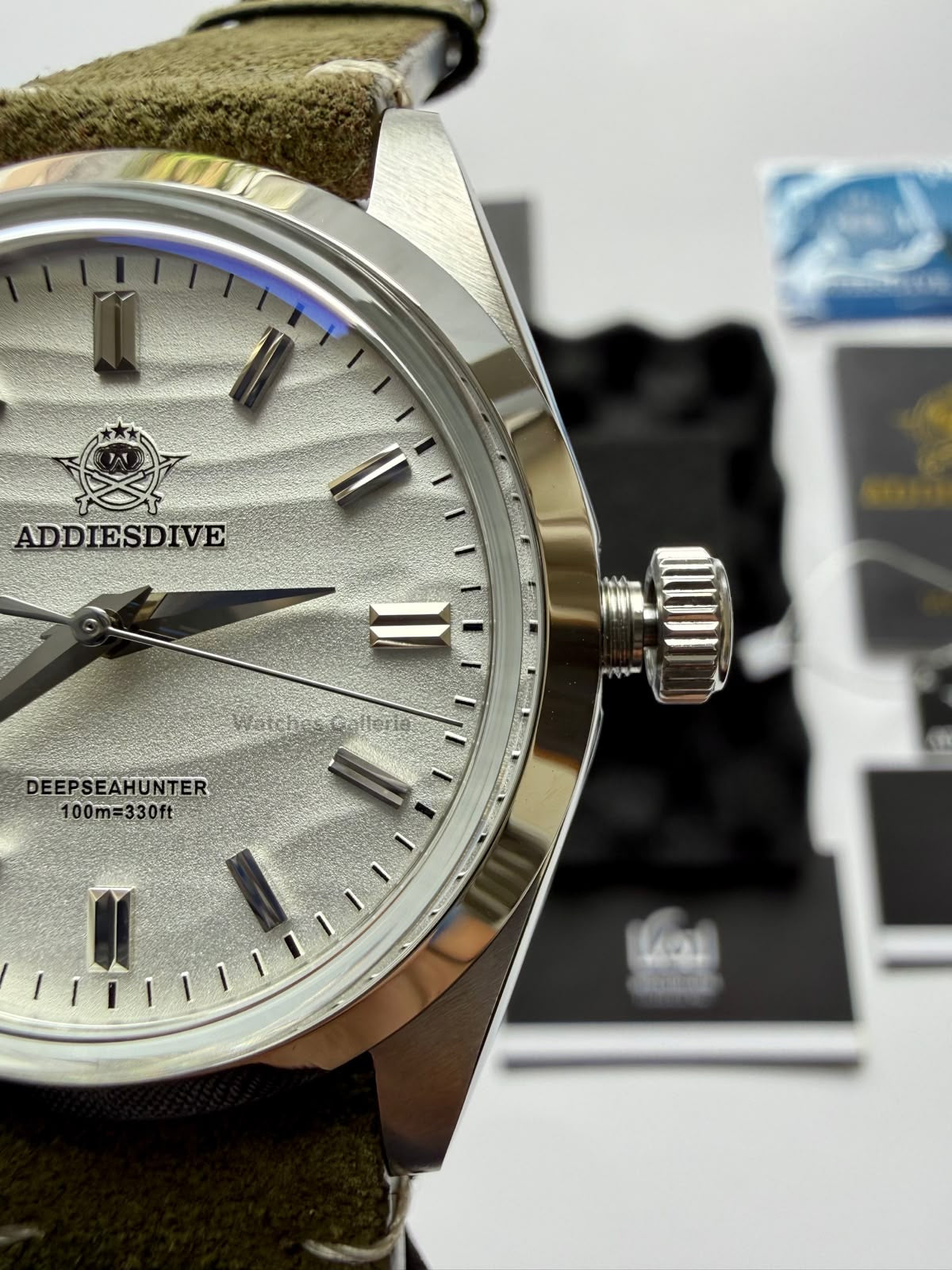 Addiesdive AD2030 Desert White Green Suede Leather Strap Unisex Watch – 36mm Classic Desert Dial, Japan VH31 Quartz Movement, Blue Anti-Glare Mineral Glass & Genuine Suede Leather Strap