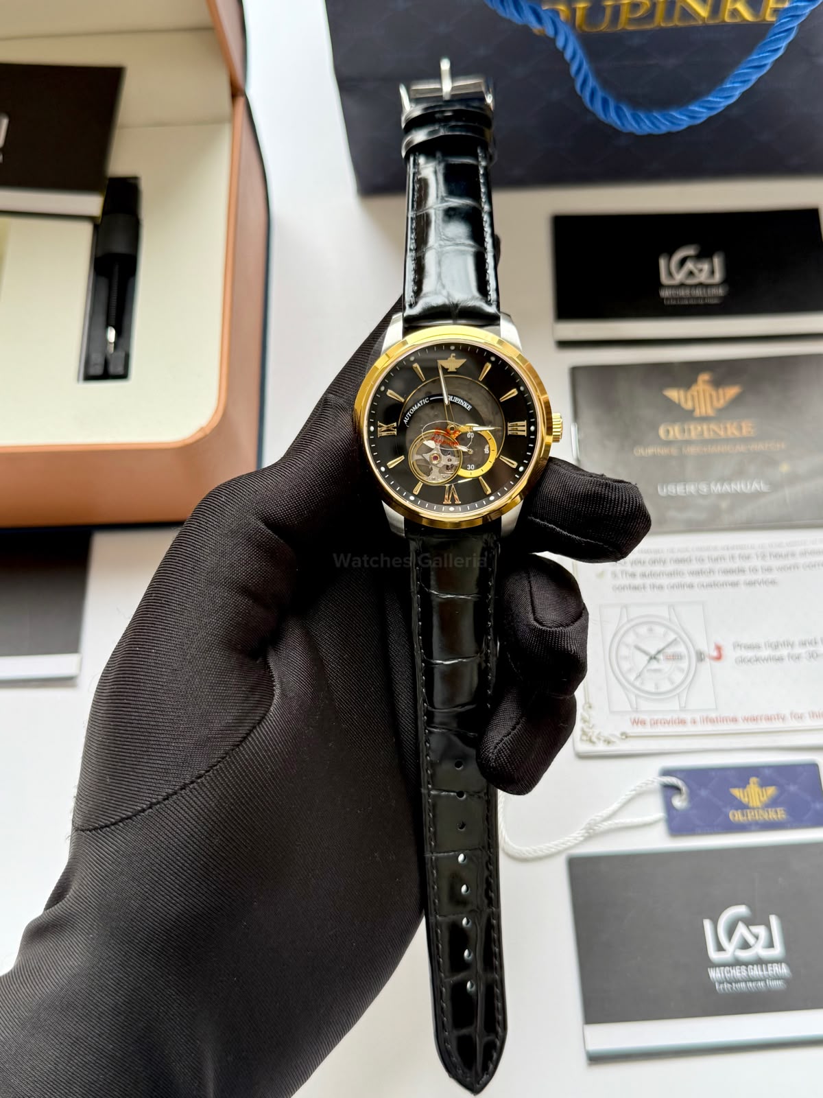 Oupinke G3190 (Black Leather) Open Heart Automatic Watch with Miyota 8215 Japanese Movement, Sapphire Crystal, Luminous Dial & Black Leather Strap