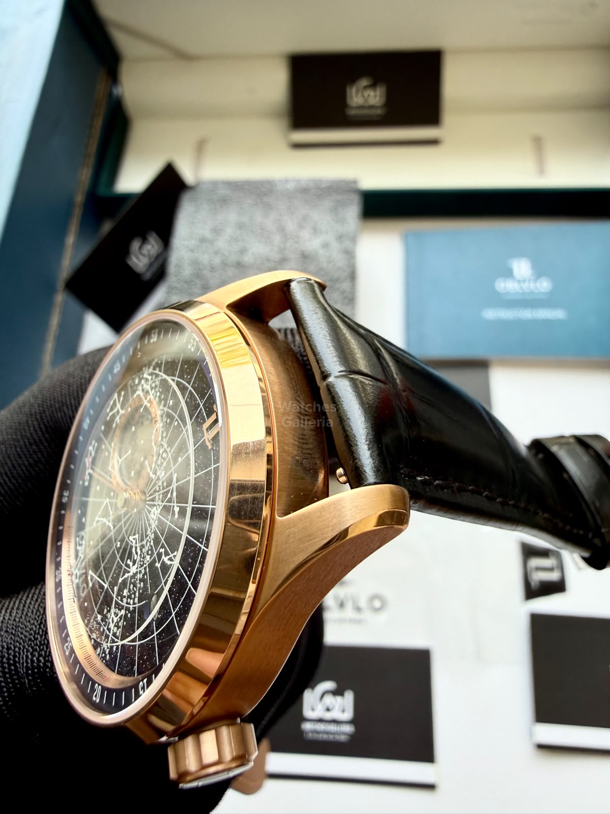 OBLVLO GC (Black Rose Gold Blue) Grand Complications Celestial Automatic Watch Brown & Black Dial with Rose Gold Details, Moving Constellation & Earth Display – OBLVLOGC