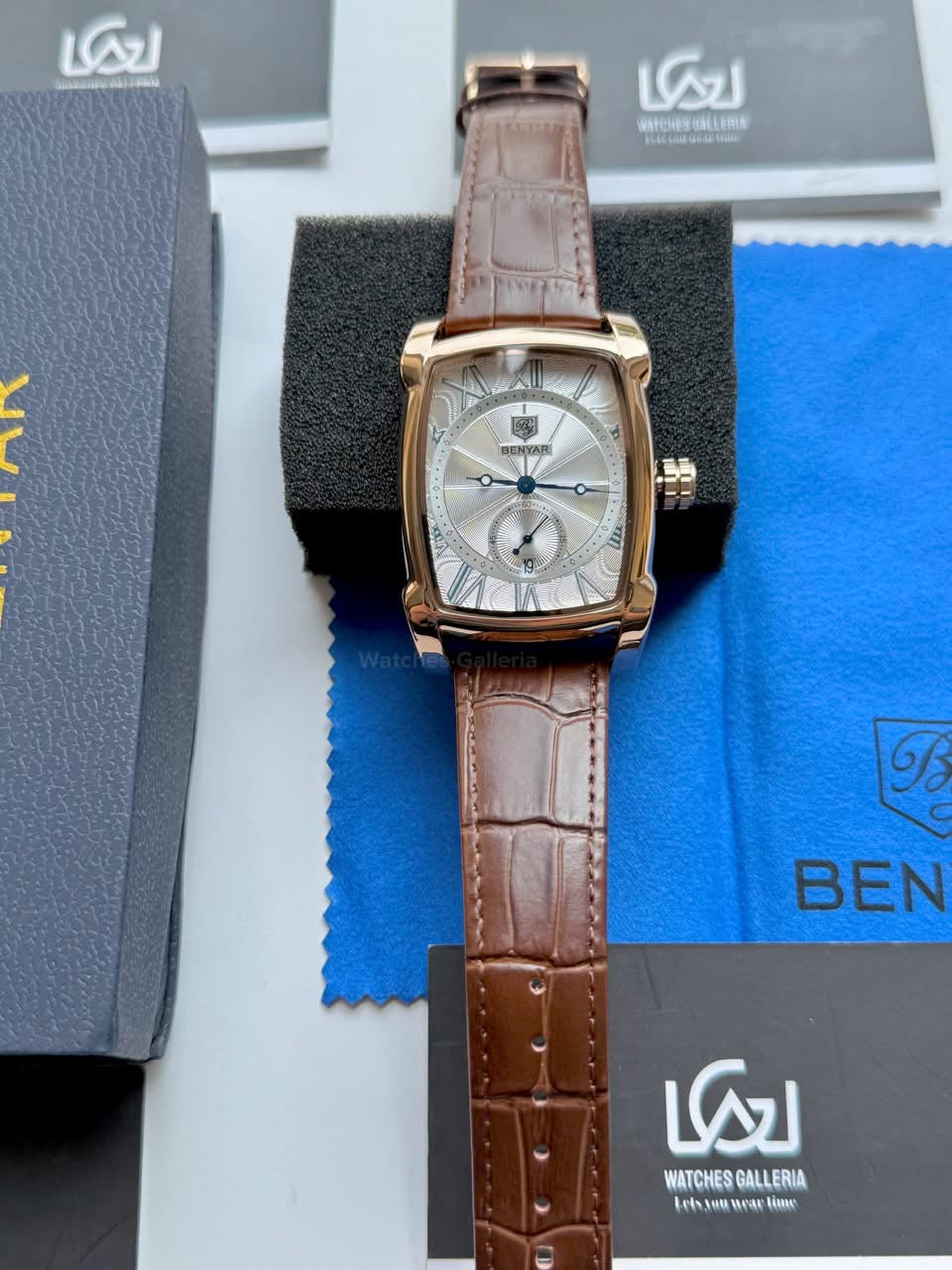 Benyar BY5114 Square Tank Watch in Pakistan – Brown Rose Gold White Elegant Quartz Leather Strap Men’s Dress Watch