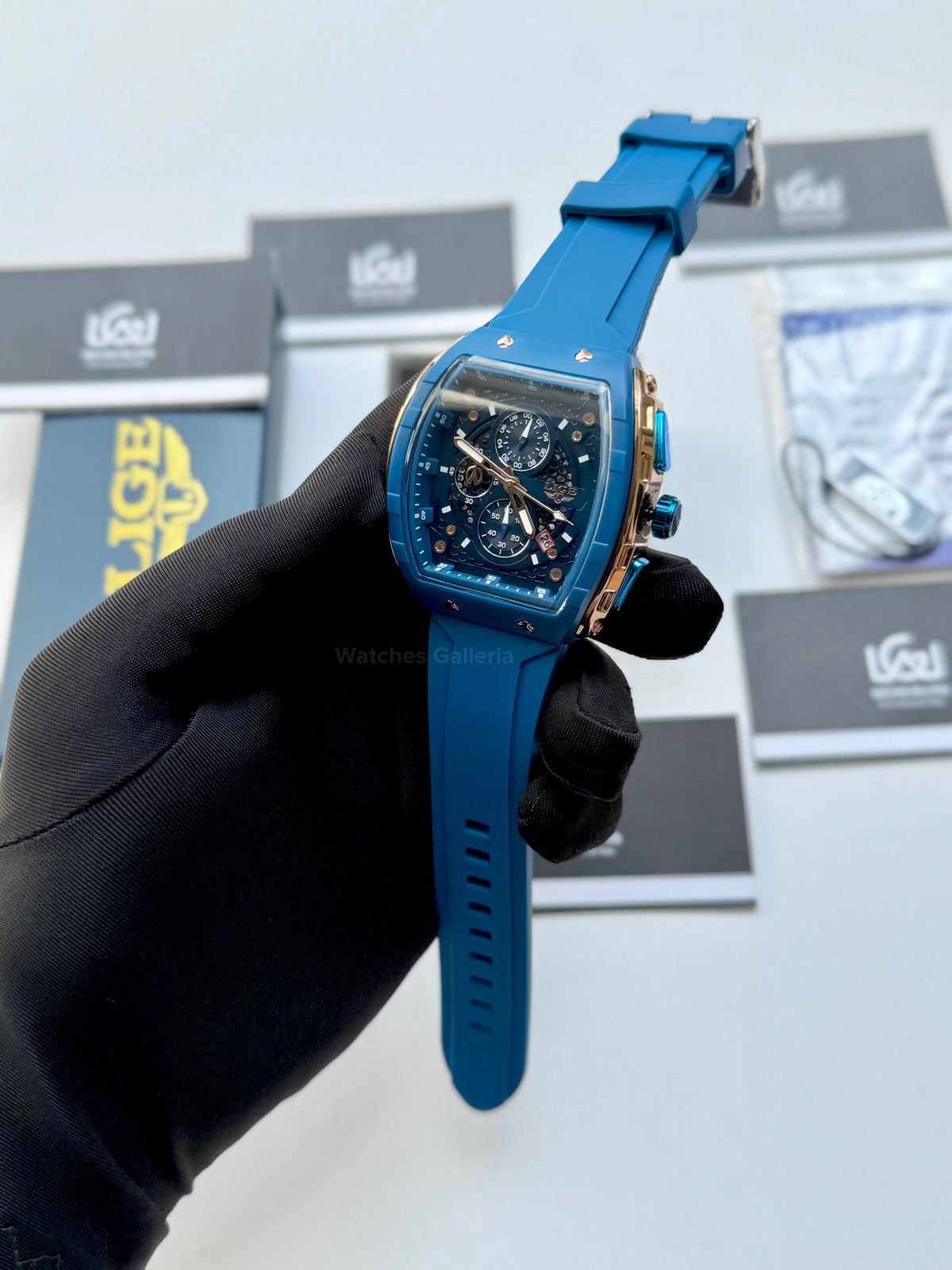 LIGE LG89148 Blue Tonneau Chronograph Watch in Pakistan – Luxury Men’s Quartz Watch with Silicon Strap