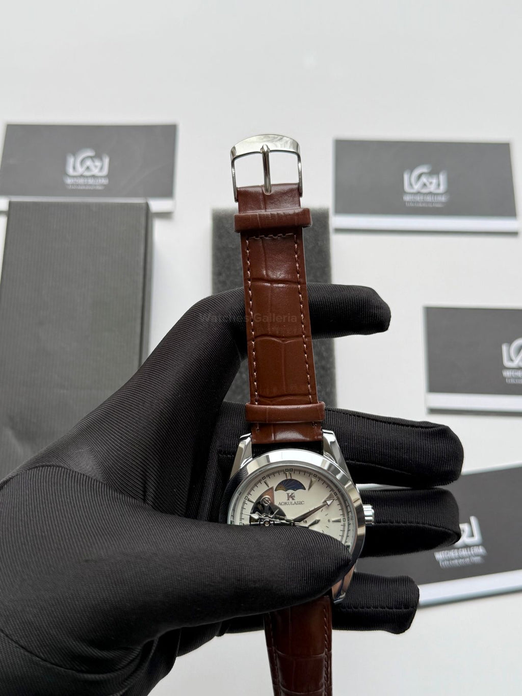 Aokulasic AOKU032 Moonphase Flywheel Automatic Watch 40mm Brown Silver | 21 Jewels Mechanical Watch