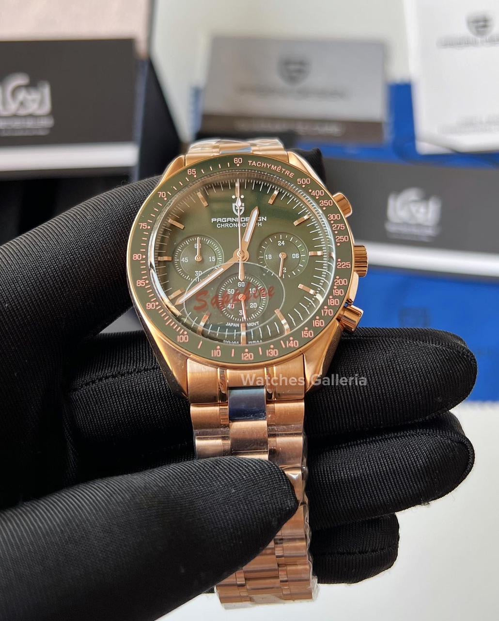 Pagani Design SpeedMaster MoonWatch Quartz (R.Gold/Green) PD1701 “DISCONTINUED”