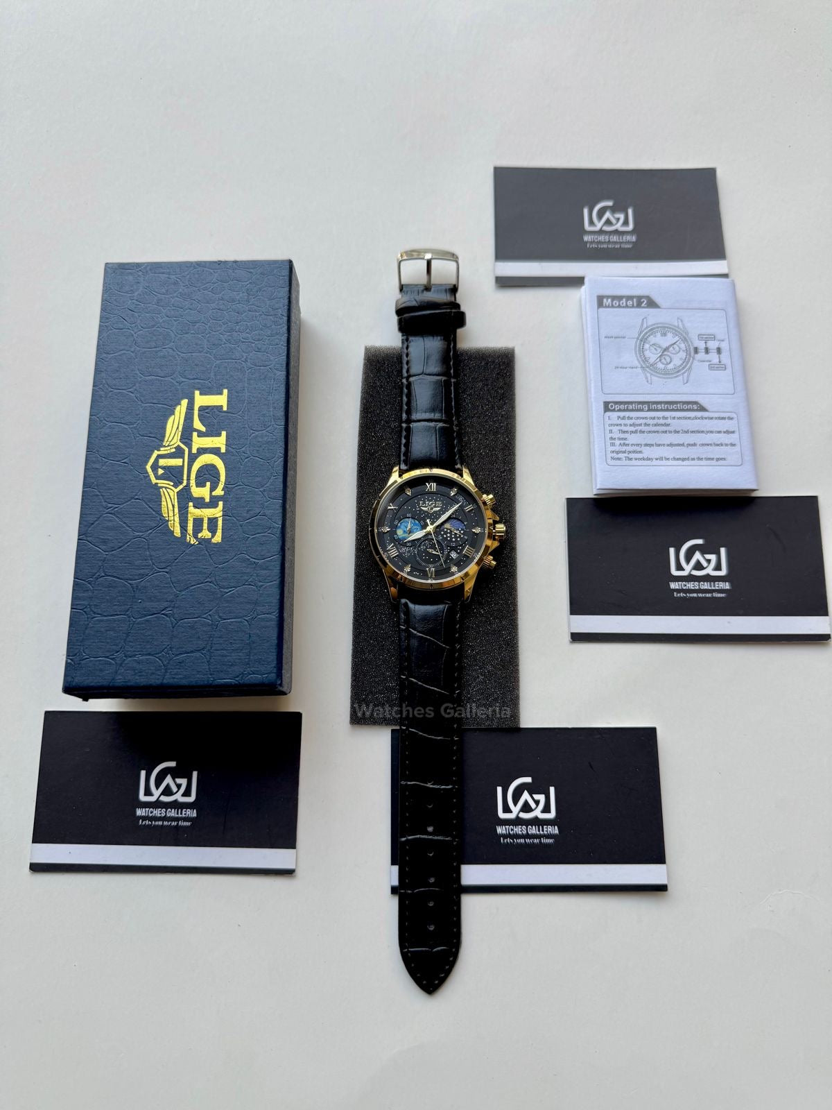 Lige Watch LG89107 Moonphase Chronograph (Black/Gold) Lige Watch in Pakistan