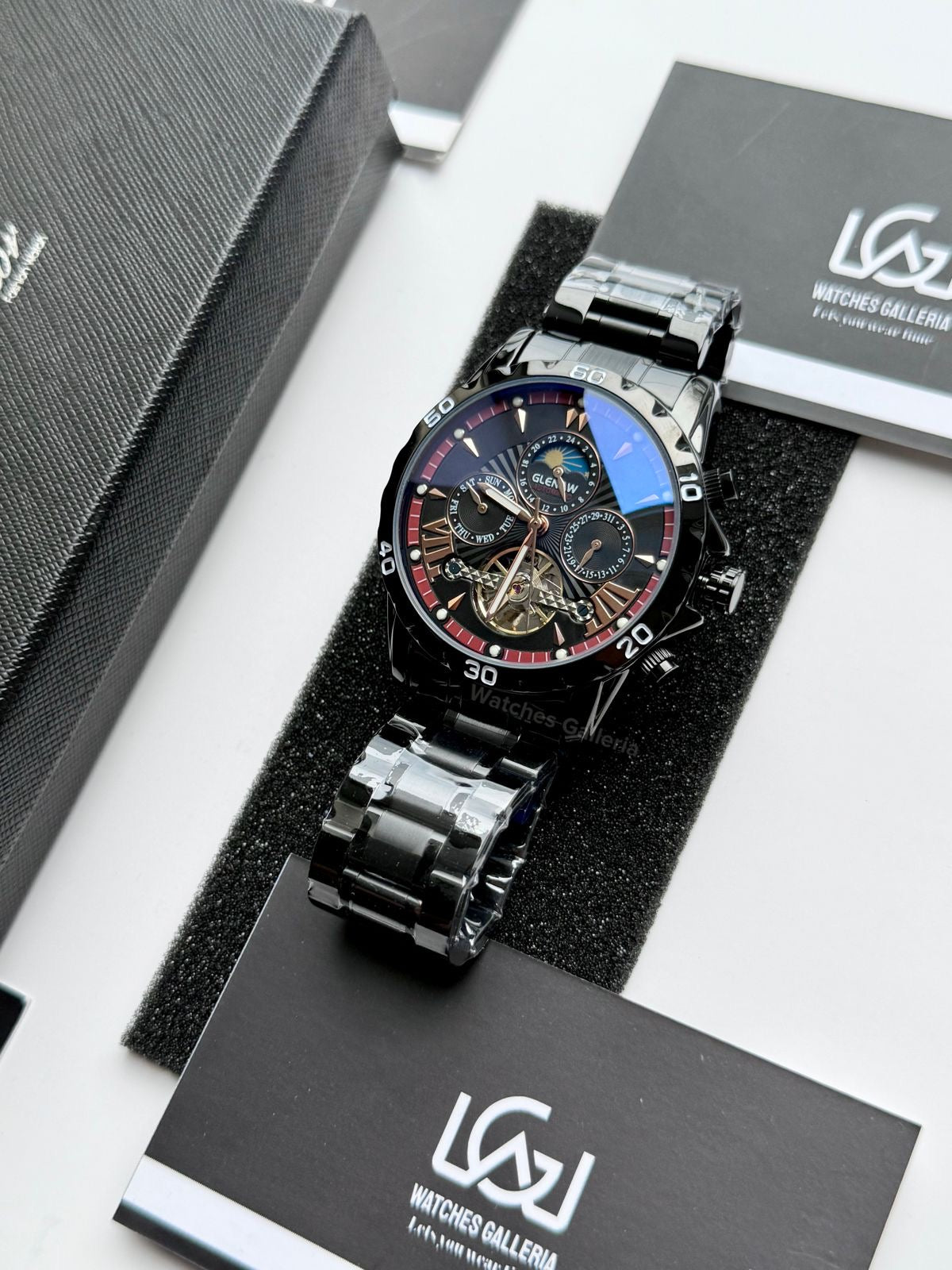 Glenaw GL8919B Moonphase Flywheel Automatic Watch – Black Blue Dial | Luxury Automatic Wristwatch for Men | Glenaw Watches Pakistan
