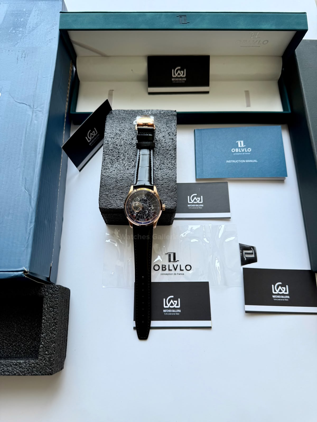 OBLVLO GC (Black Rose Gold Blue) Grand Complications Celestial Automatic Watch Brown & Black Dial with Rose Gold Details, Moving Constellation & Earth Display – OBLVLOGC