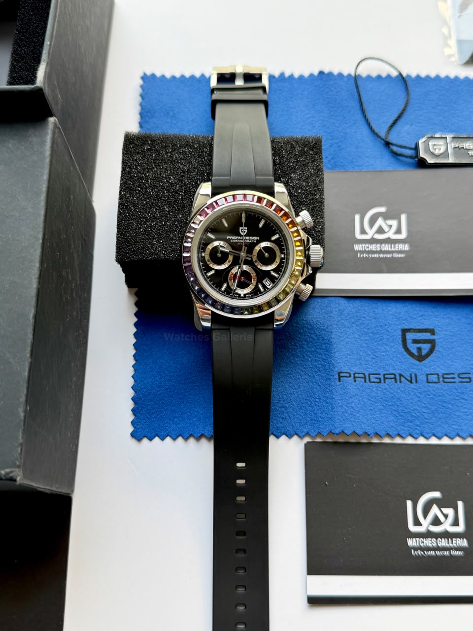 Pagani Design PD1644 Daytona Rainbow Jubilee Limited Edition Chronograph Watch PD1644LE | 40mm Sapphire Crystal, Seiko VK63 Quartz, Complete Calendar & Rainbow Stones Bezel